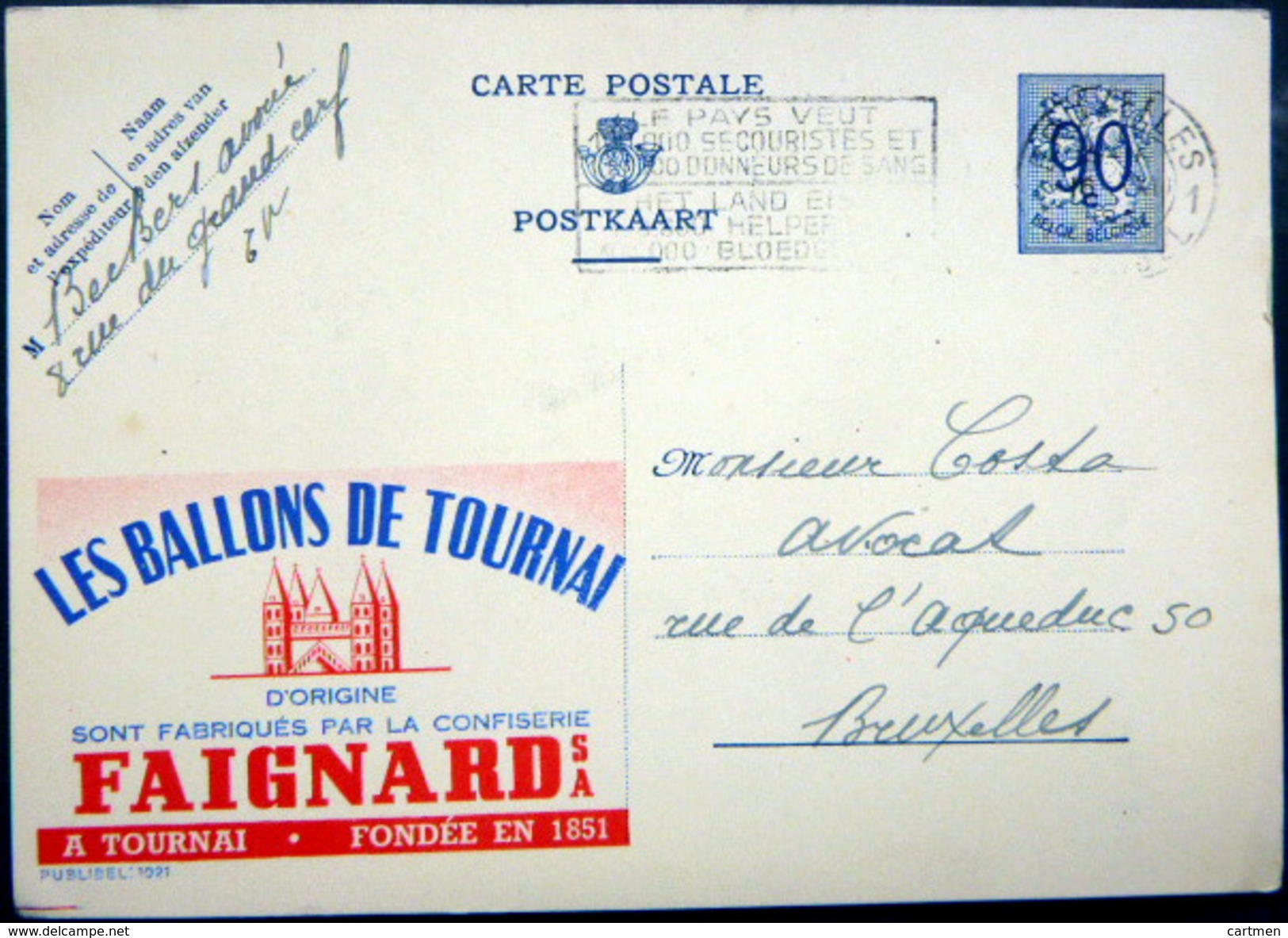 BELGIQUE CARTE POSTALE PUBLICITAIRE ILLUSTREE CONFISERIE BALLONS DE TOURNAI FAIGNARD  ENTIER POSTAL 1952 CACHETS  FLAMME - Collezioni E Lotti