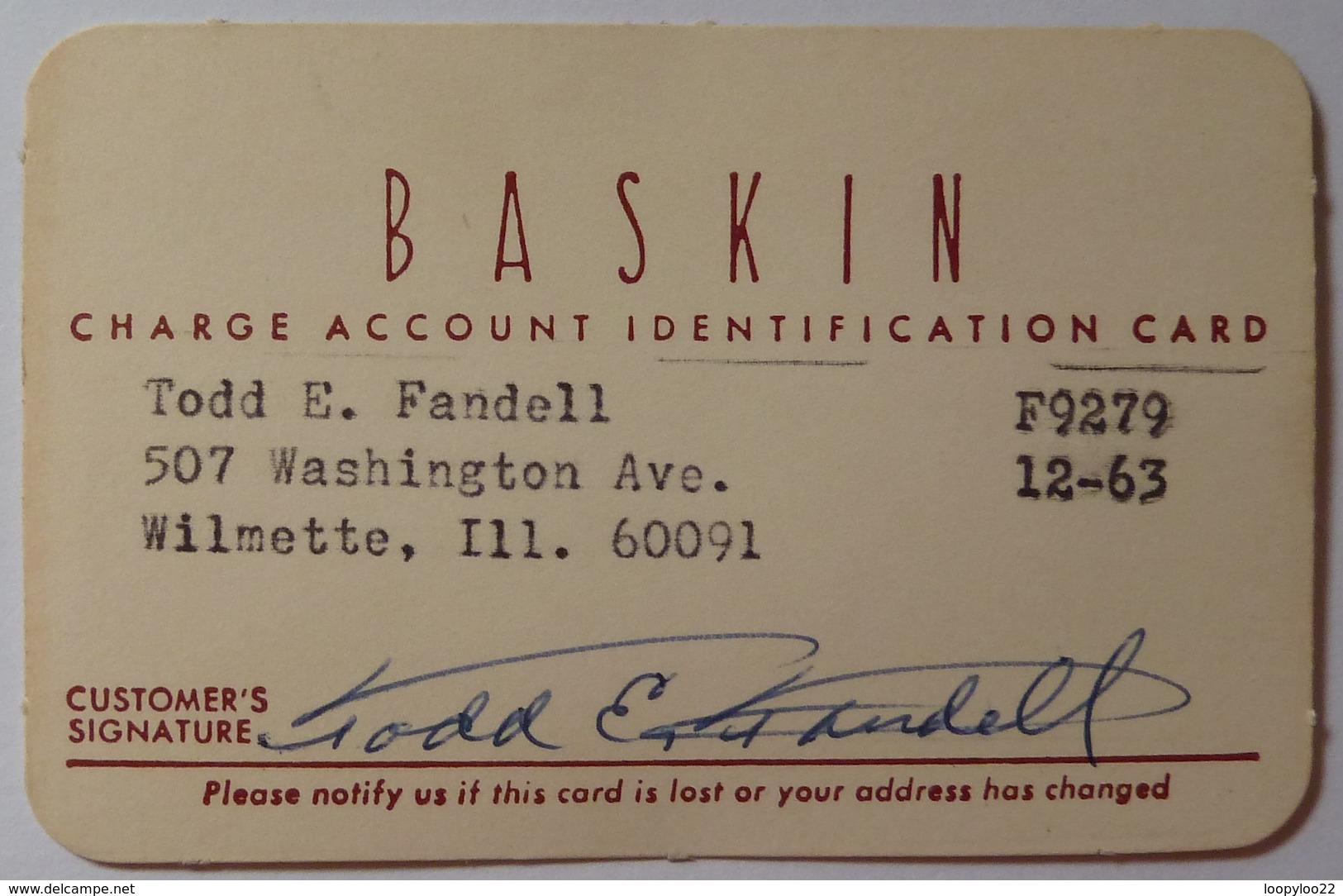 USA - BASKIN - Early Merchant Credit Card - 1950-1960 - Used - Cartes De Crédit (expiration Min. 10 Ans)