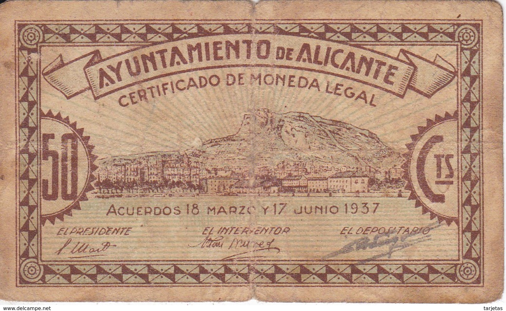 BILLETE DE 50 CENTIMOS DEL AYUNTAMIENTO DE ALICANTE DEL AÑO 1937     (BANKNOTE) - Altri & Non Classificati