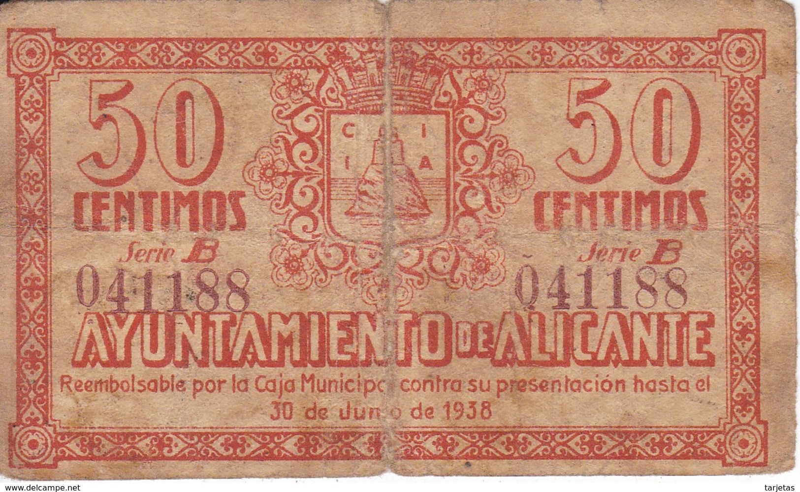 BILLETE DE 50 CENTIMOS DEL AYUNTAMIENTO DE ALICANTE DEL AÑO 1937     (BANKNOTE) - Altri & Non Classificati