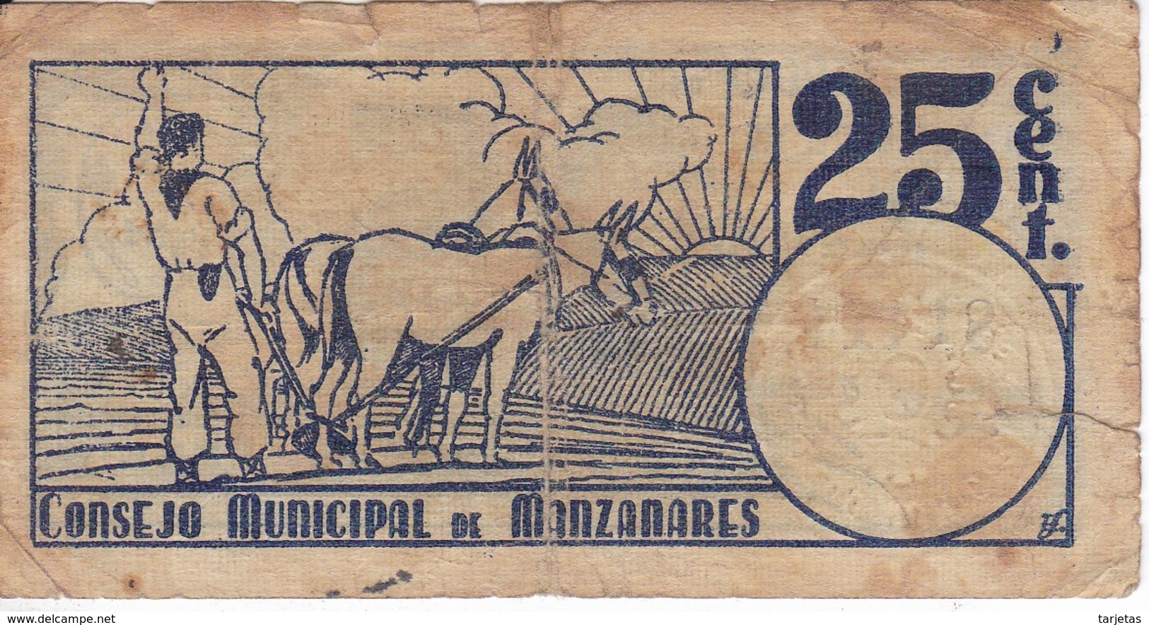 BILLETE DE 25 CENTIMOS DEL CONSEJO MUNICIPAL DE MANZANARES DEL AÑO 1937 CON SELLO SECO      (BANKNOTE) - Sonstige & Ohne Zuordnung