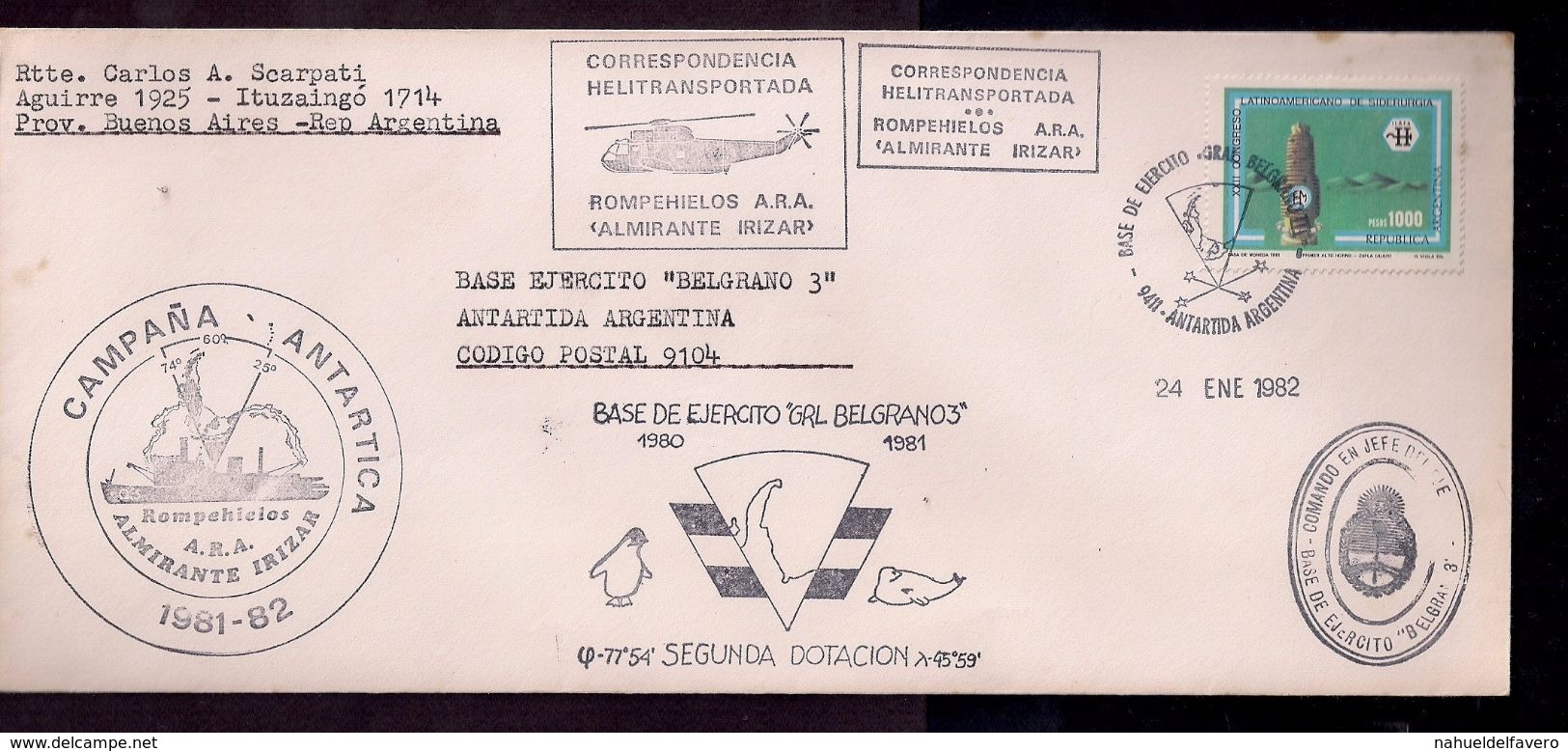 Argentina Sobre Campaña Antartica 1981-2 Correspondencia Helitransportada Desde Le Rompehileeo Iirzar - Hubschrauber