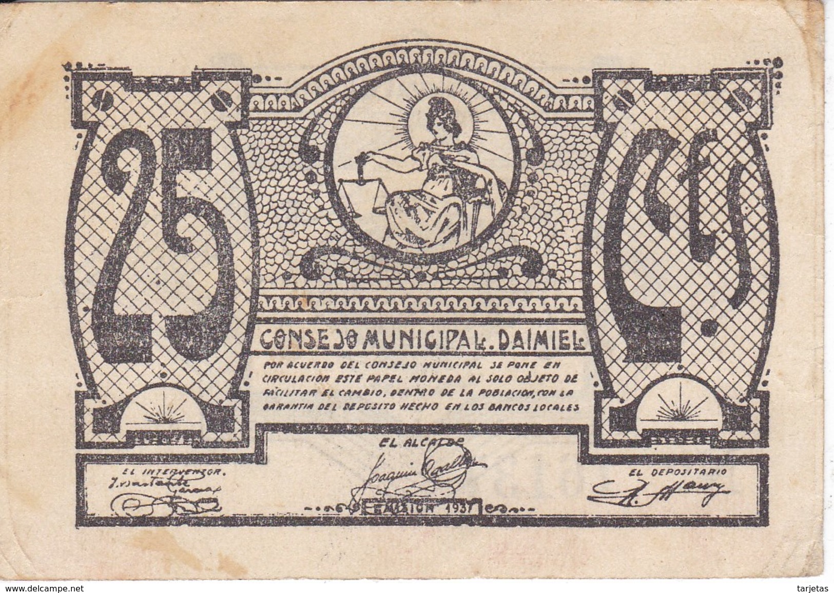 BILLETE DE 25 CENTIMOS DEL CONSEJO MUNICIPAL DE DAIMIEL DEL AÑO 1937 EN CALIDAD EBC      (BANKNOTE) - Otros & Sin Clasificación