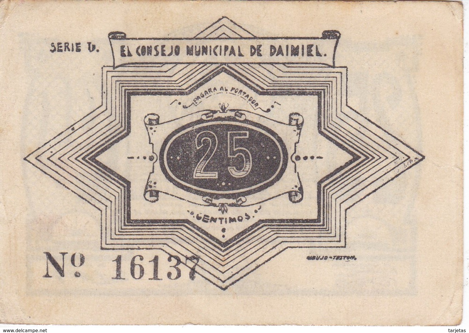 BILLETE DE 25 CENTIMOS DEL CONSEJO MUNICIPAL DE DAIMIEL DEL AÑO 1937 EN CALIDAD EBC      (BANKNOTE) - Autres & Non Classés