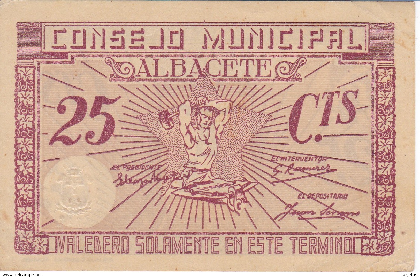 BILLETE DE 25 CENTIMOS DEL CONSEJO MUNICIPAL DE ALBACETE DEL AÑO 1937 CON SELLO SECO    (BANKNOTE) - Otros & Sin Clasificación