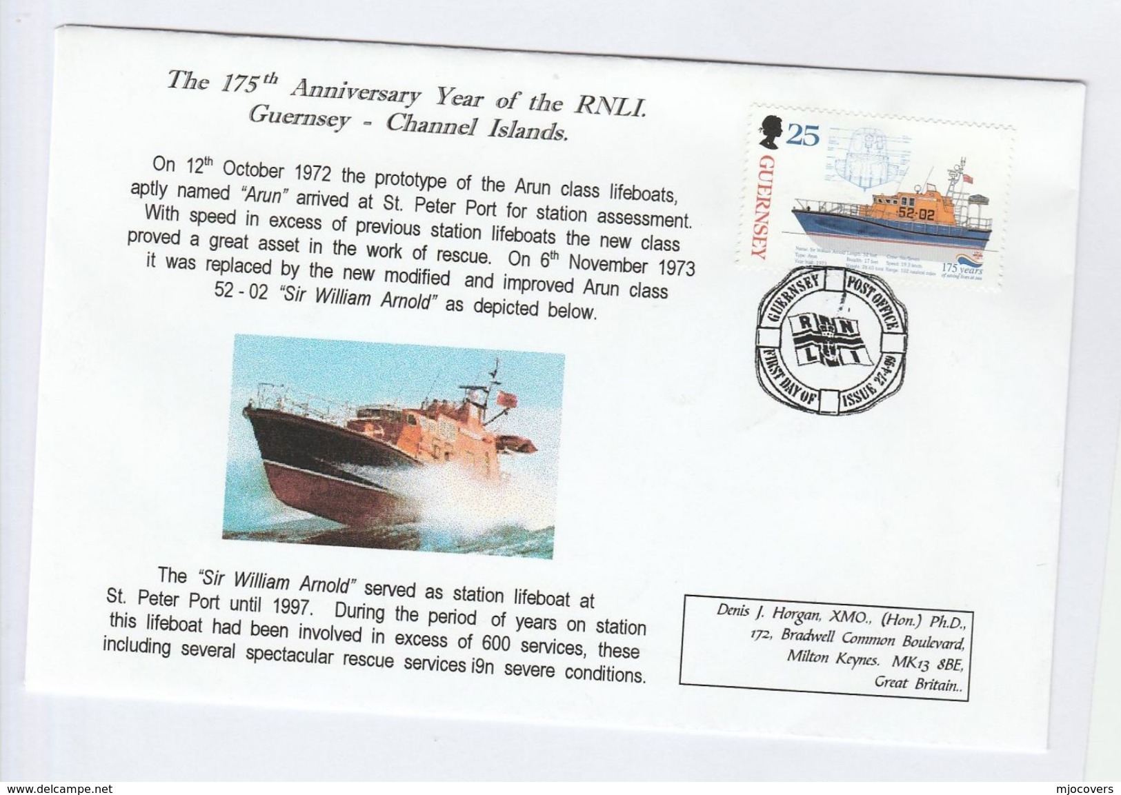 1999 GUERNSEY SPECIAL  FDC Stamps  LIFEBOAT William Arnold Cover - Ships