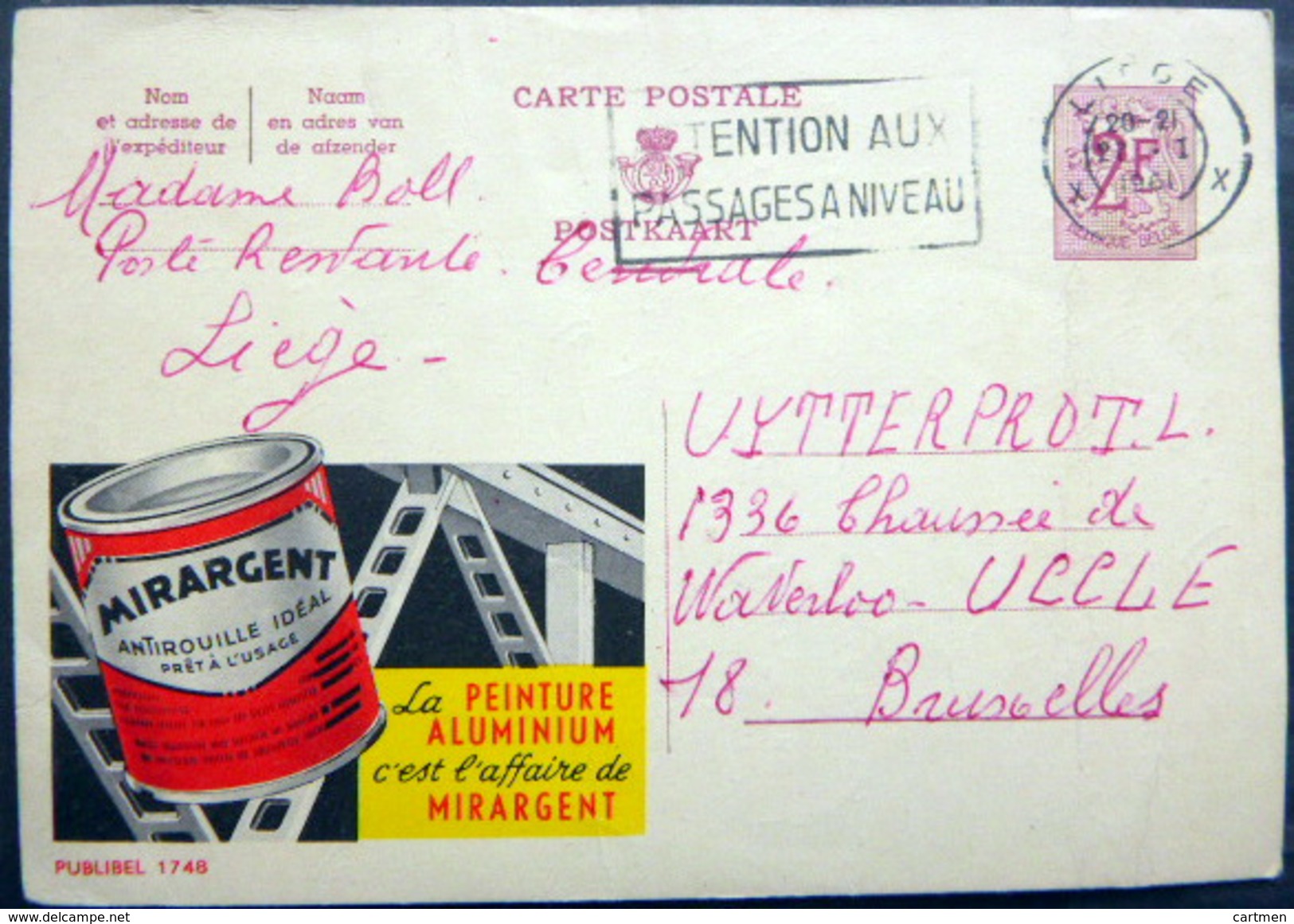 BELGIQUE CARTE POSTALE PUBLICITAIRE ILLUSTREE PEINTURE ALUMINIUM MIRARGENT ENTIER POSTAL 1960 CACHETS  FLAMME - Verzamelingen & Kavels