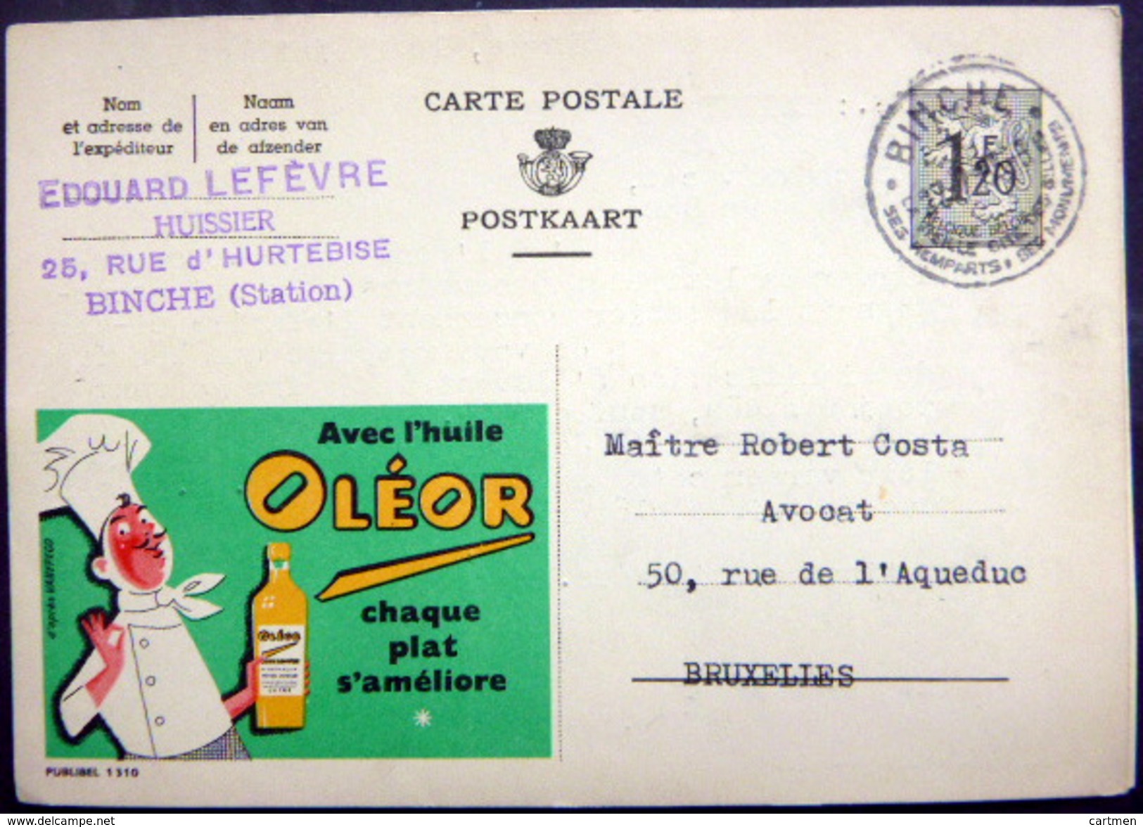 BELGIQUE CARTE POSTALE PUBLICITAIRE ILLUSTREE HUILE OLEOR CUISINE GASTRONOMIE  ENTIER POSTAL 1955 CACHETS  FLAMME - Verzamelingen & Kavels