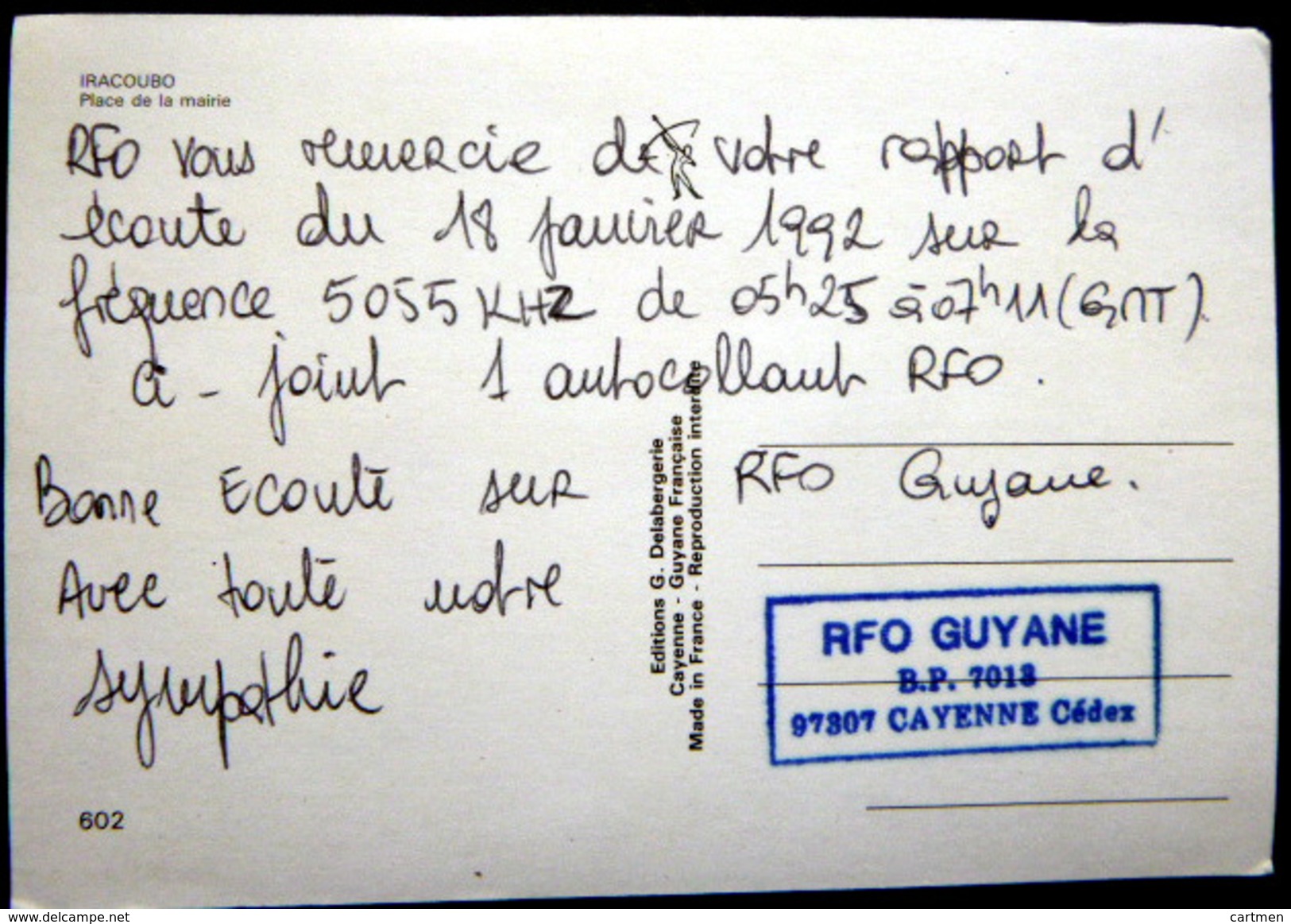 GUYANE IRACOUBO PLACE DE LA MAIRIE CARTE R F O RADIO GUYANE DOM TOM ANNEES 1950/1960 - Autres & Non Classés