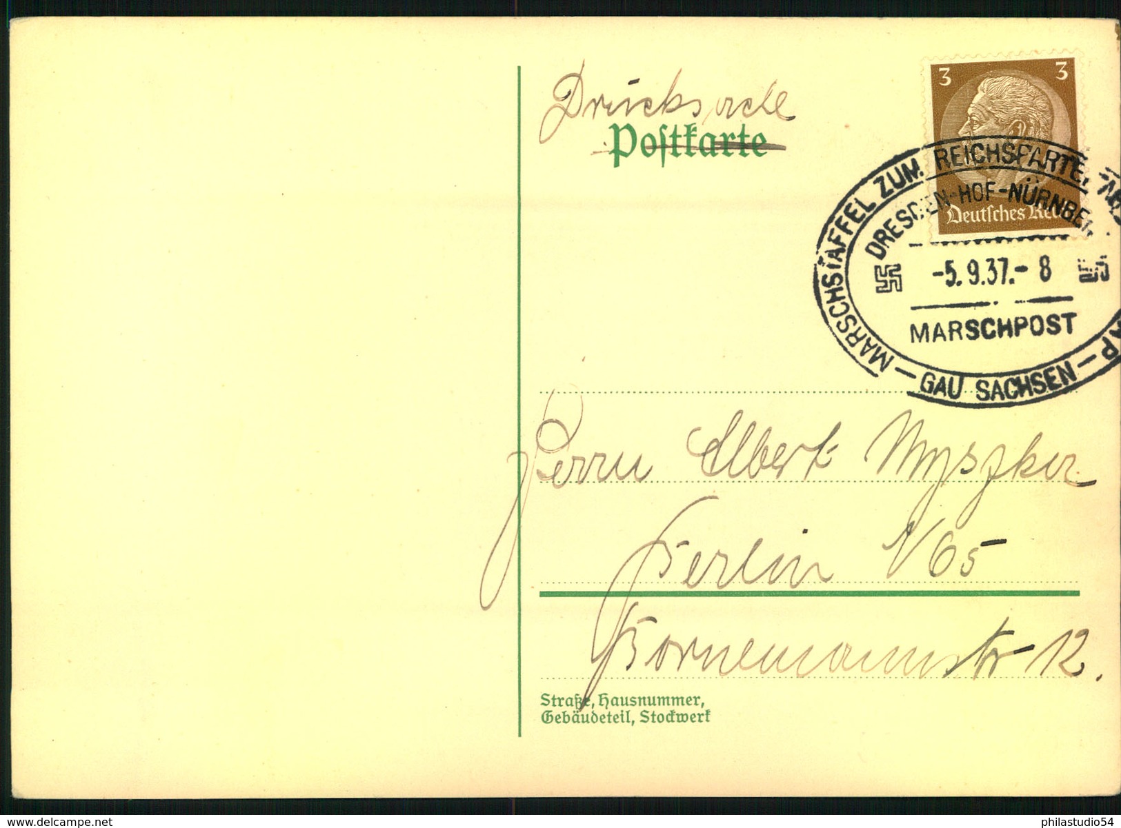 Auflösung: Stempelsammlung Deutsches Reich - MARSCHPOST 1937; DRESDEN-HOF-NÜRNBERG - GAU SACHSEN - Maschinenstempel (EMA)