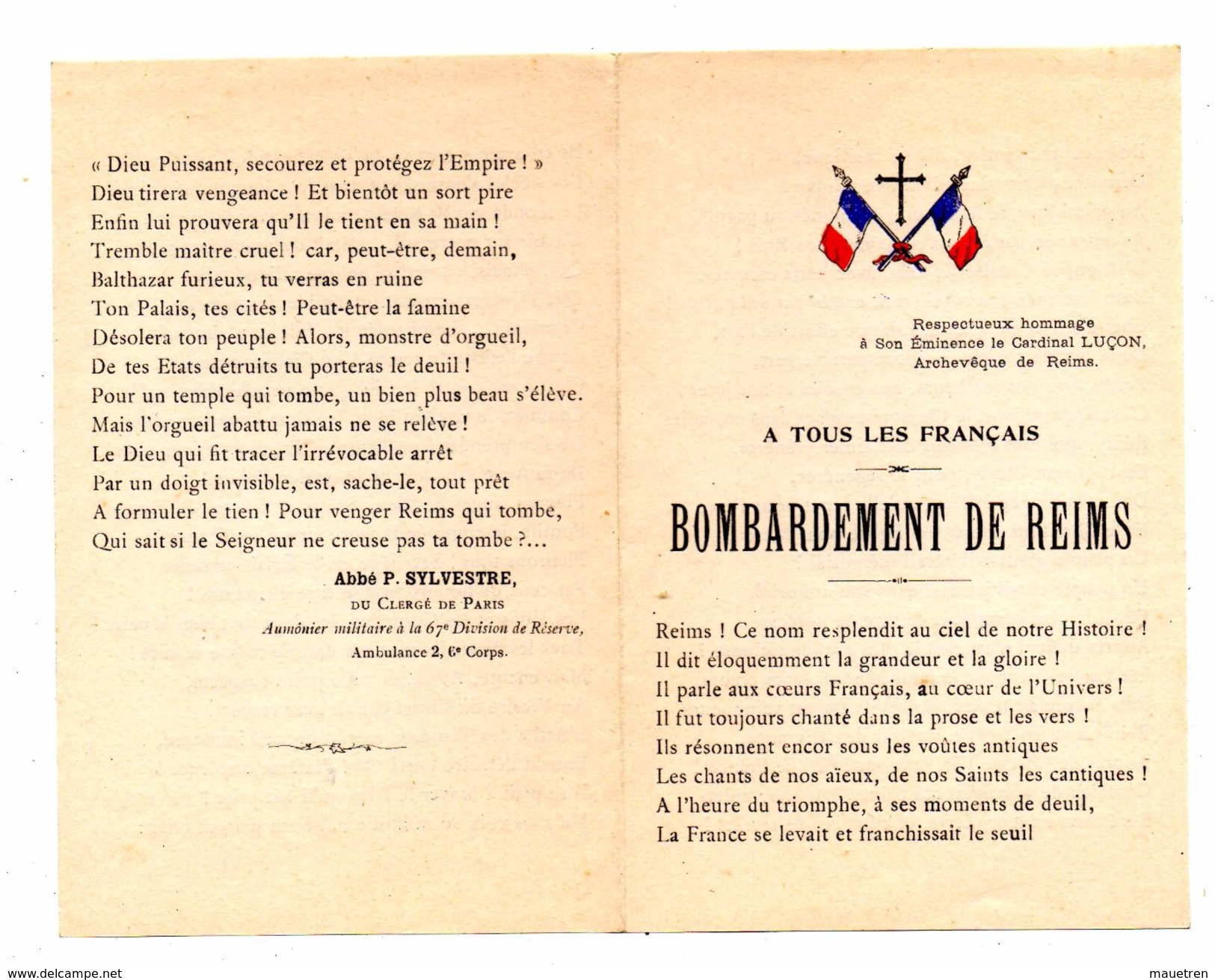 GUERRE 1914 . 1918 A Tous Les Français . BOMBARDEMENT DE REIMS - 1914-18