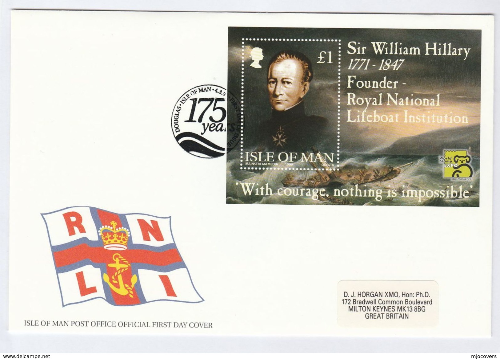 1999  ISLE OF MAN  FDC Miniature Sheet LIFEBOAT , KOALA BEAR Stamps Expo Cover - Isola Di Man