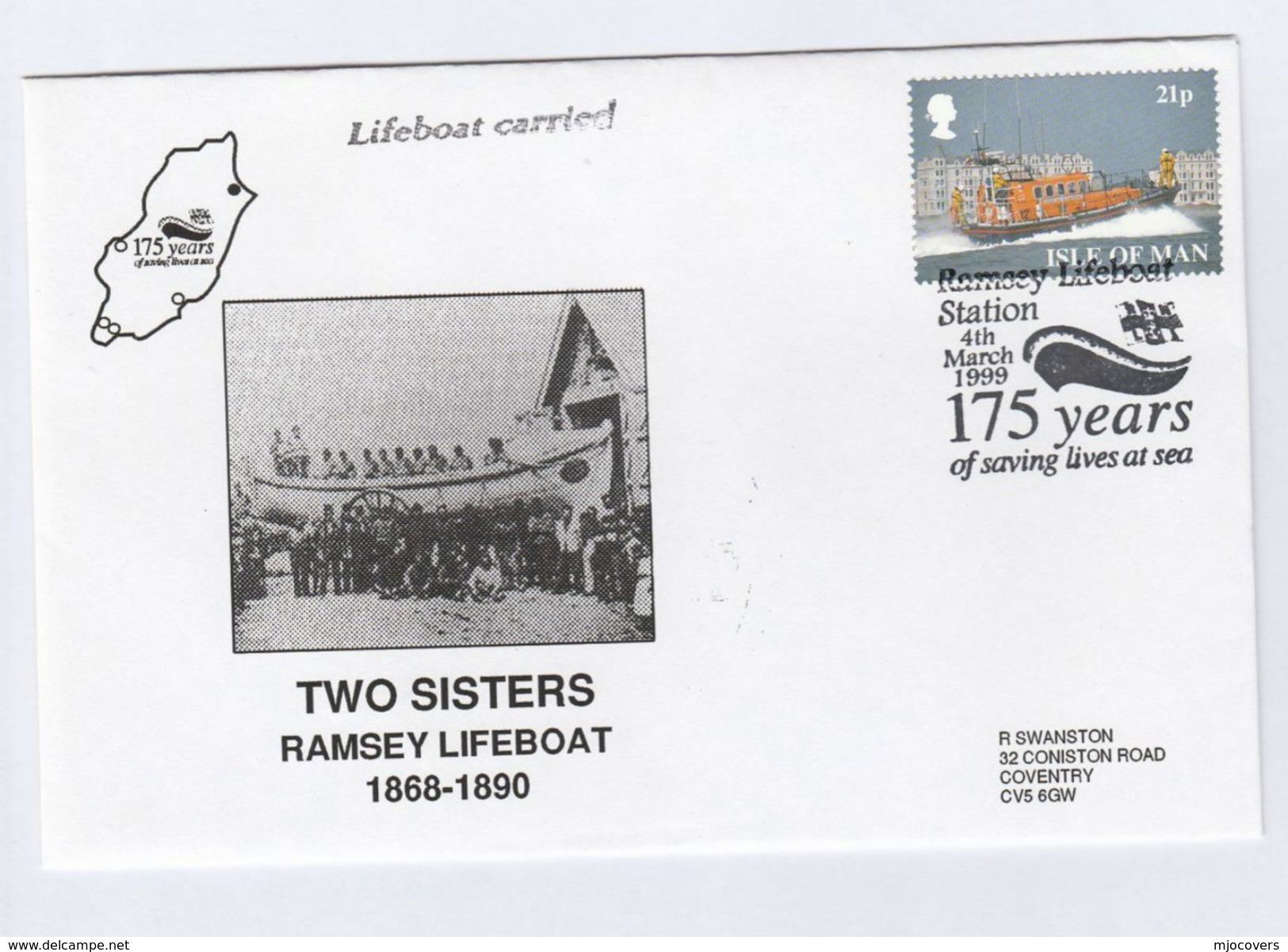 1999 RAMSEY Special  FDC CARRIED BY LIFEBOAT Isle Of Man Stamps Cover - Isle Of Man