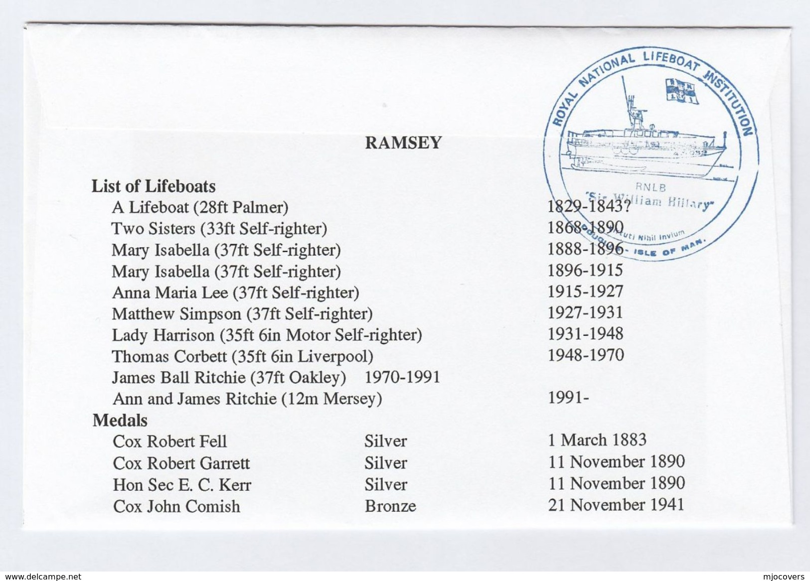 1999 RAMSEY Special  FDC CARRIED BY LIFEBOAT Isle Of Man Stamps Cover - Isle Of Man