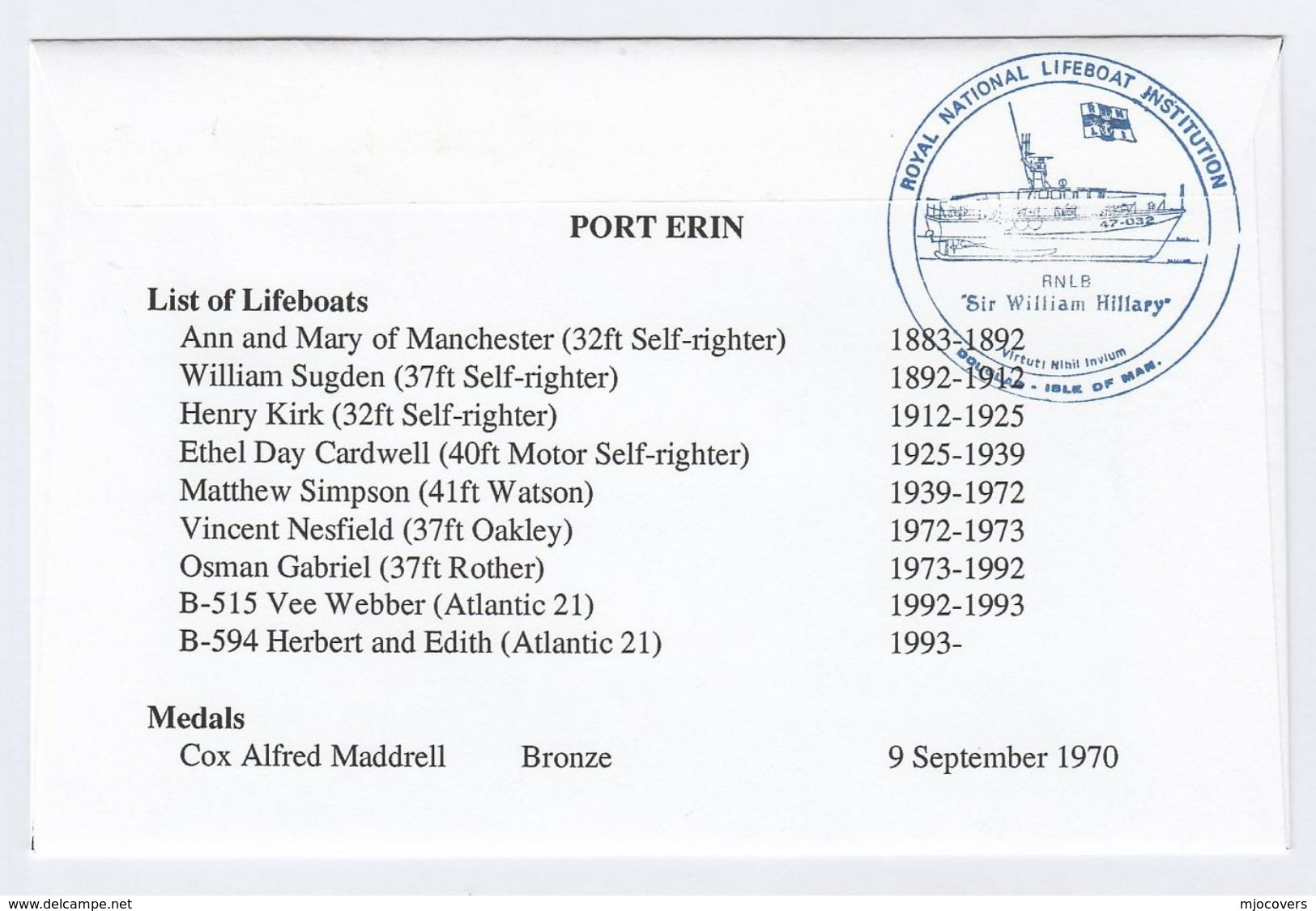 1999 PORT ERIN Special  FDC CARRIED BY LIFEBOAT Isle Of Man Stamps Cover - Isle Of Man