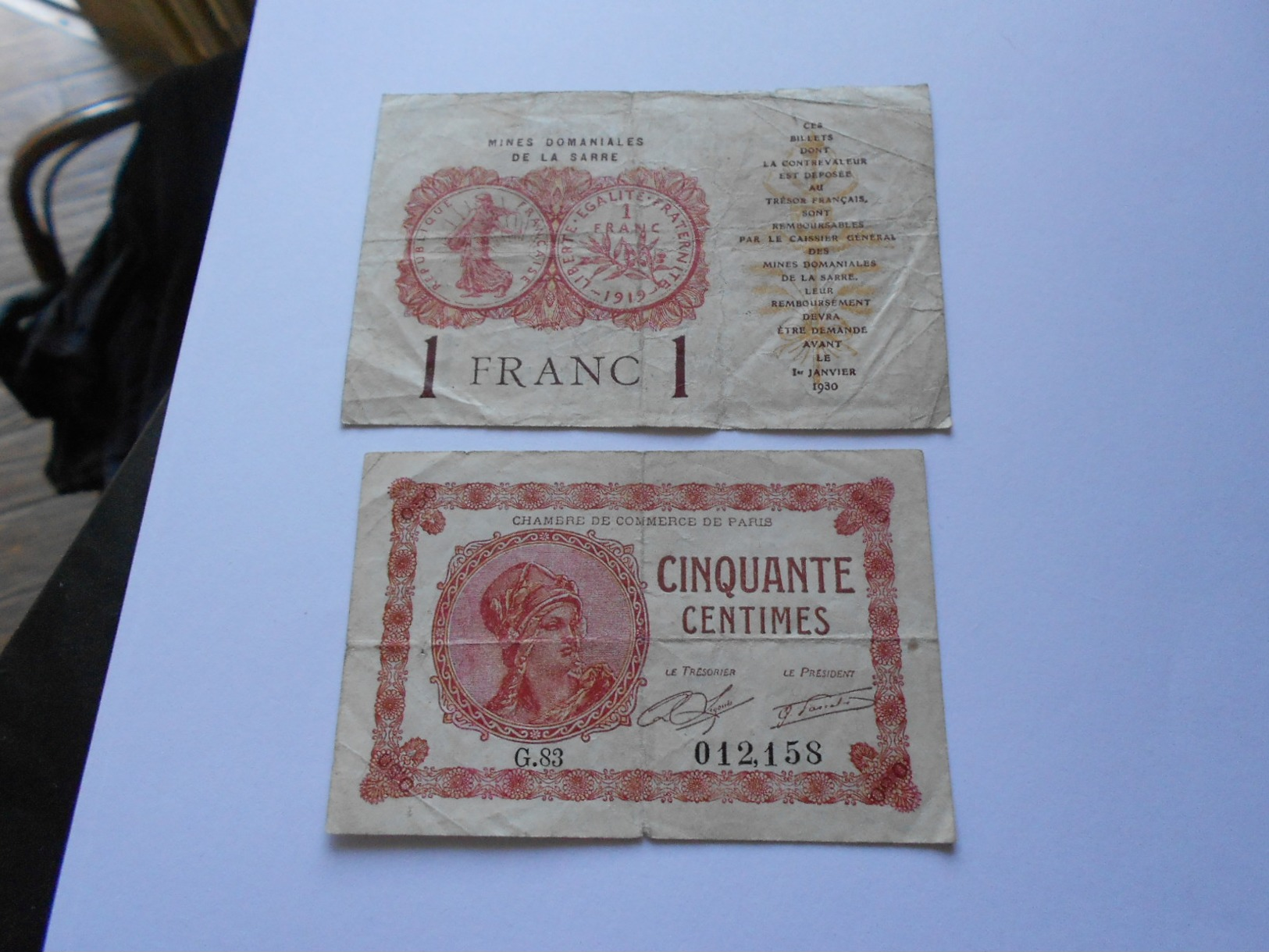 FRANCE   1919  /  1920     - ONE  FRANC  MINES  DE  LA SARRE    -  50  CENTIMES   CHAMBRE DE COMMERCE  BILLETS - Buoni & Necessità