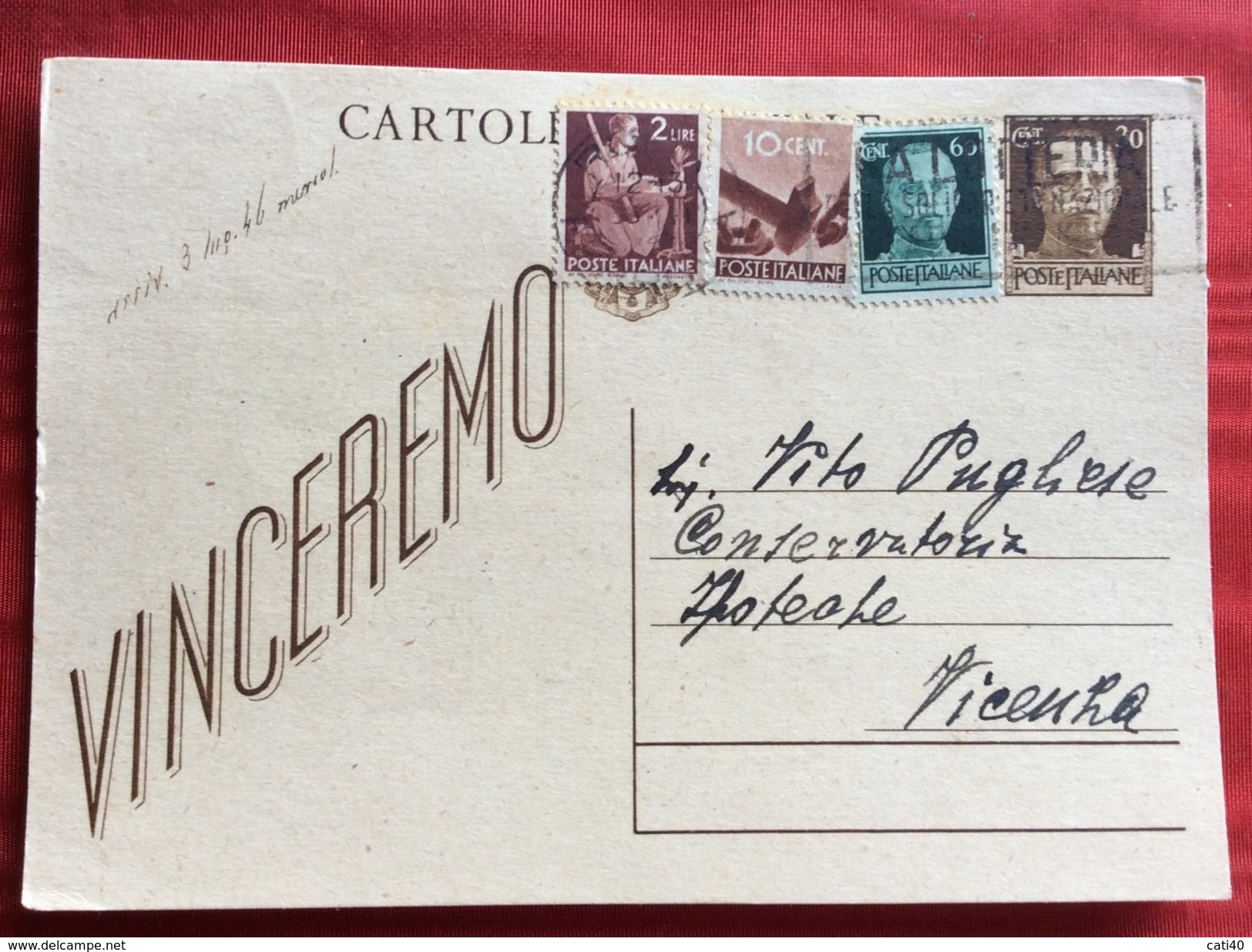 CARTOLINA POSTALE VINCEREMO USATA IN REPUBBLICA INTERESSANTE AFFRANCATURA PER L. 3  DA ROMA A VICENZA 30/6/46 - Entero Postal