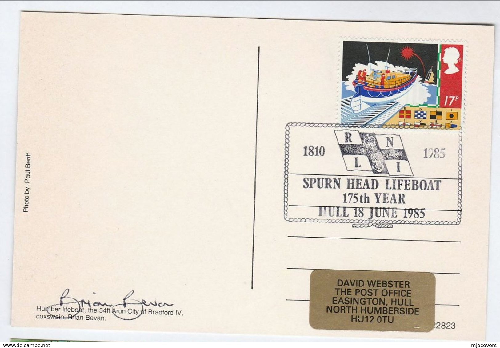 1985 GB SIGNED FDC (postcard Humber Lifeboat) SPECIAL Pmk SPRUN HEAD LIFEBOAT 175th Year Cover Stamps Ship - Schiffe