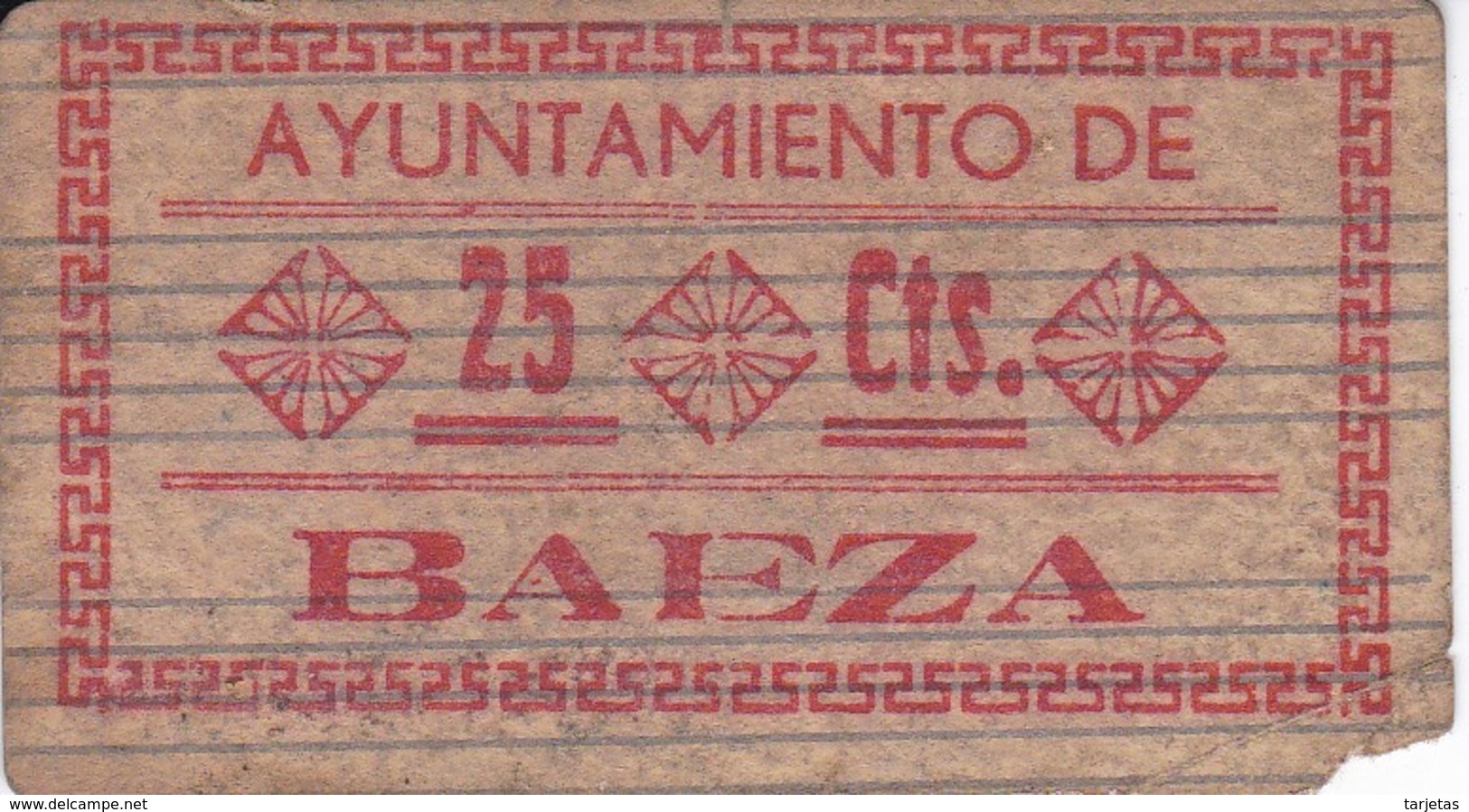 BILLETE DE 25 CENTIMOS DEL AYUNTAMIENTO DE BAEZA (JAEN) DEL AÑO 1937 - MUY RARO    (BANKNOTE) - Otros & Sin Clasificación