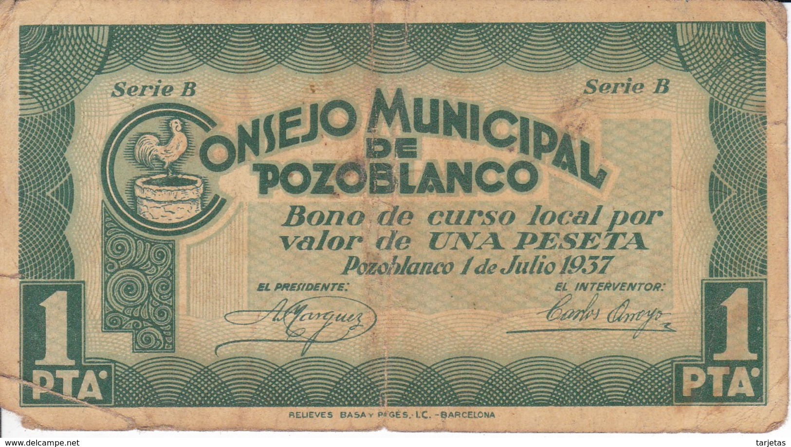 BILLETE DE 1 PESETA DEL CONSEJO MUNICIPAL DE POZOBLANCO DEL AÑO 1937 (CORDOBA)    (BANKNOTE) - Andere & Zonder Classificatie