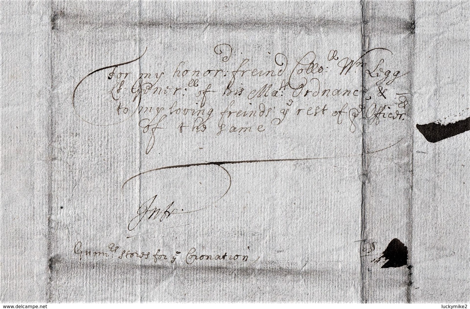 1661 Letter To "Lt-General William Legg" From "H Compton" Regarding 'powder' For (Charles II) Coronation.   Ref 0428 - Other & Unclassified