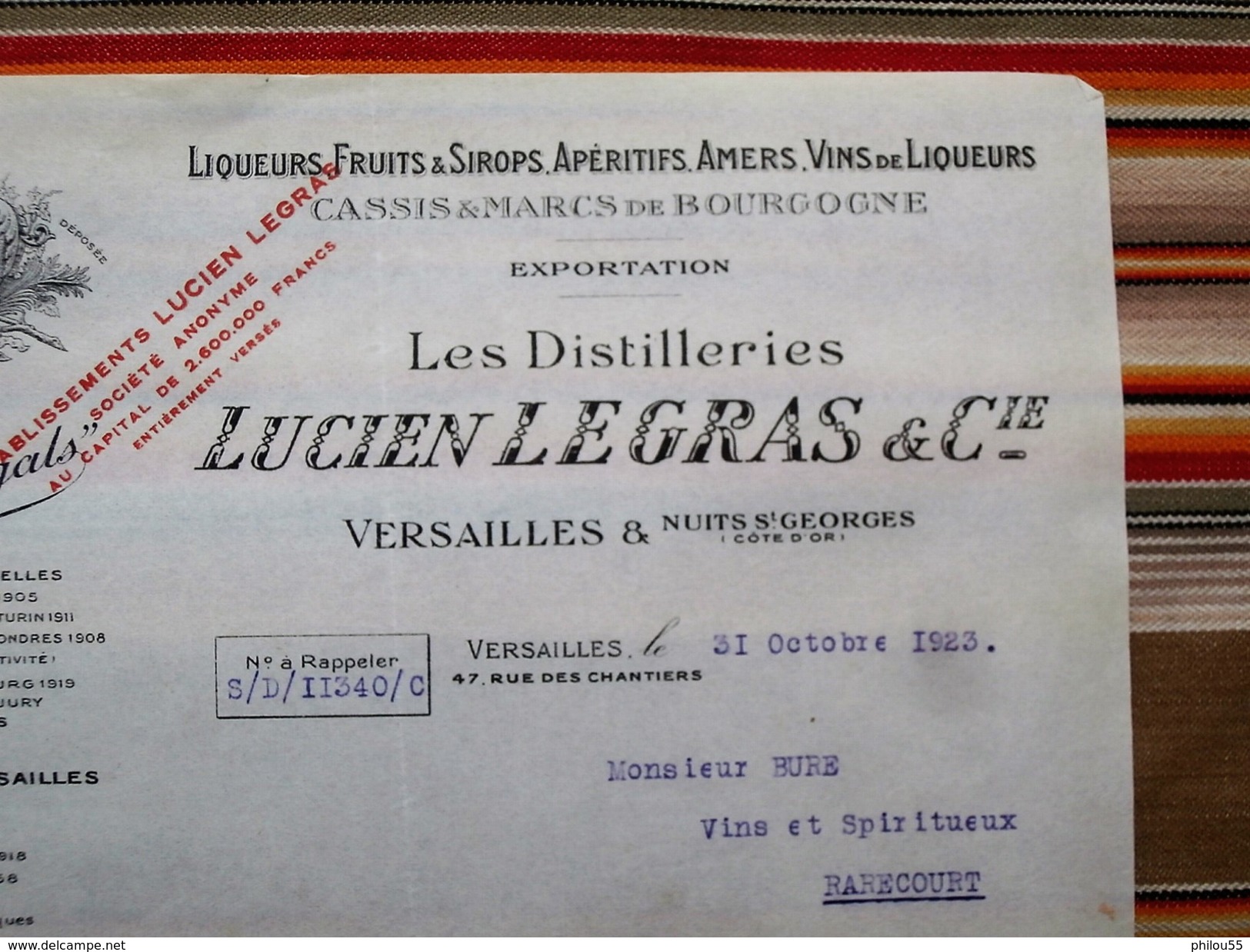 75 PARIS 21 Nuits St Georges 78 Versailles Les Distilleries LUCIEN LEGRAS & CIE - Factures