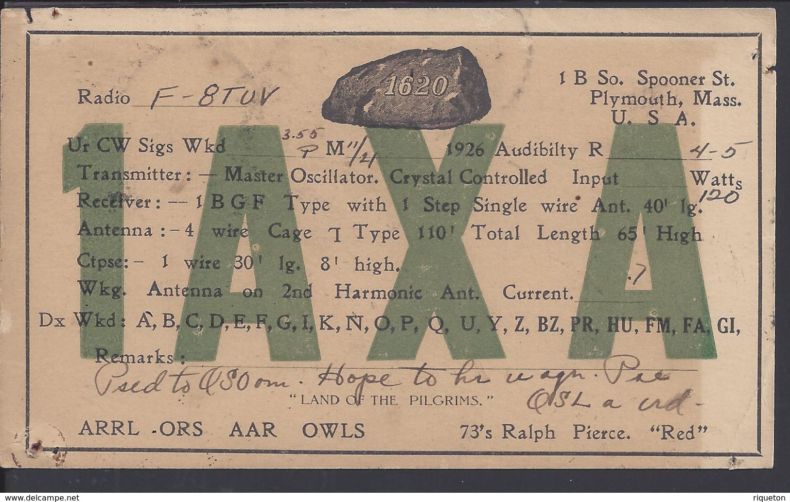 ETATS-UNIS - 1926 - Entier Postal 1+2 Ct Sur Carte Radio Amateur De Plymouth Vers Rugles (FR) - 1921-40