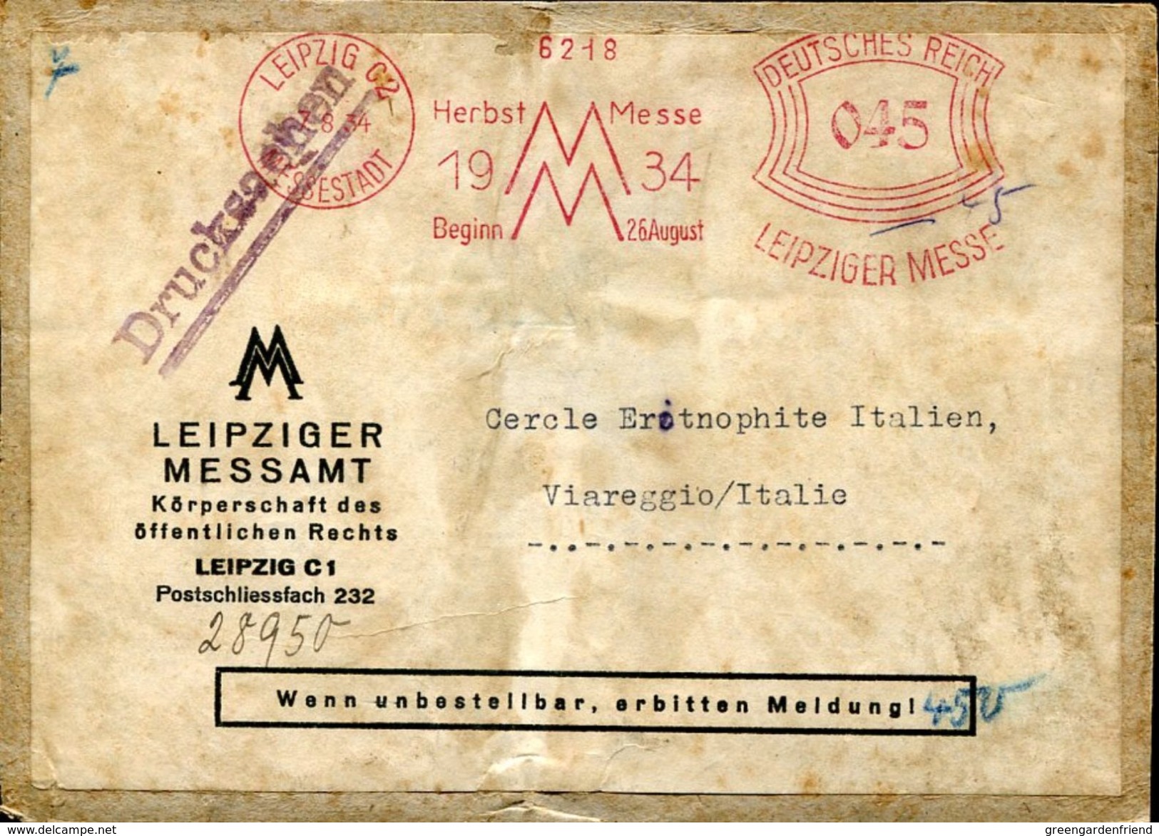 24945 Germany Reich, Red Meter/freistempel/ema/ 1934 Leipzig (front Of Cover) Herbst Messe 1934 Leipzig, Leipziger Messe - Maschinenstempel (EMA)