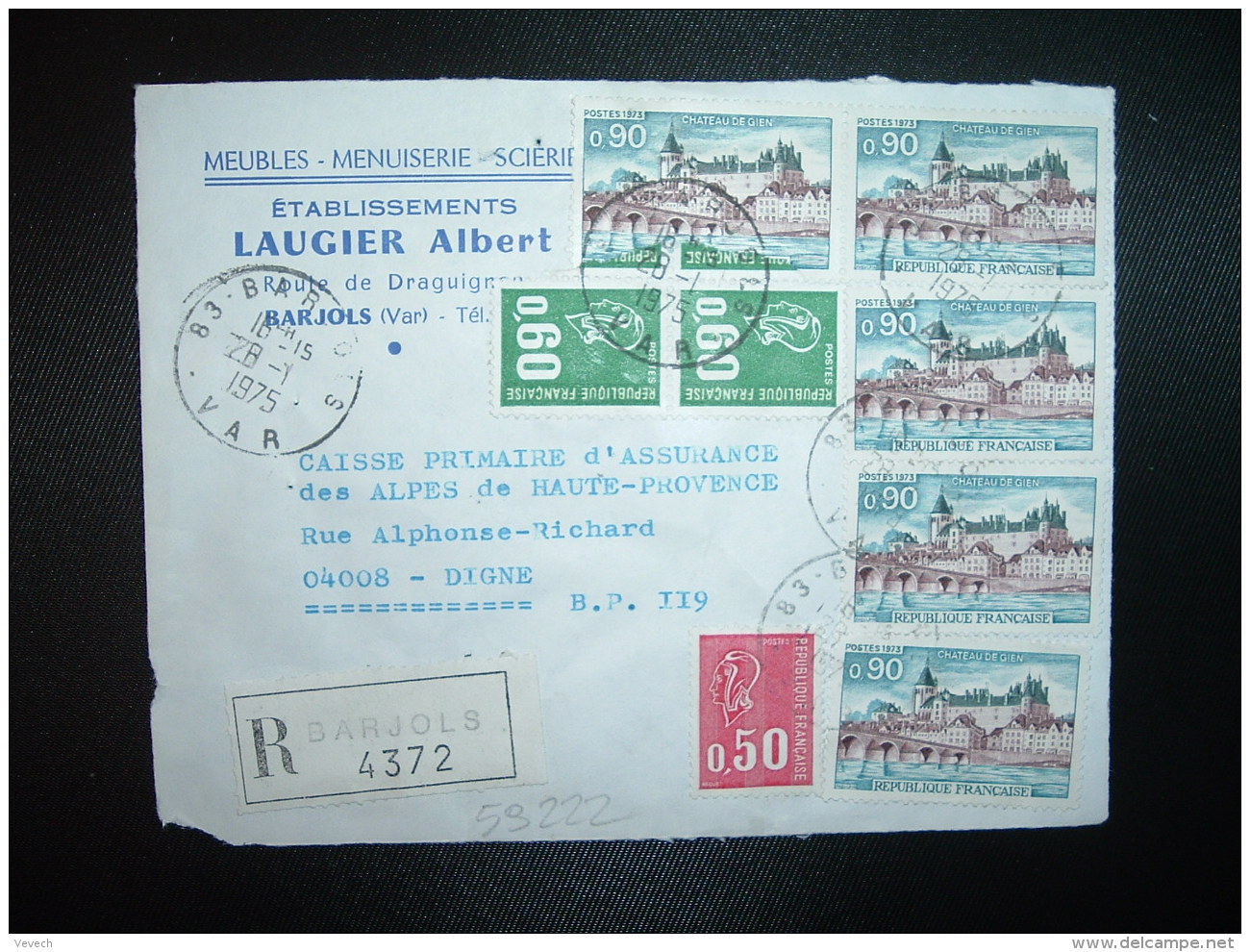 DEVANT LR Pour CPAM TP GIEN 0,90 X5 + BEQUET 0,60 X2 + 0,50 OBL.28-1-1975 BARJOLS (83 VAR) Ets LAUGIER Albert - Postal Rates