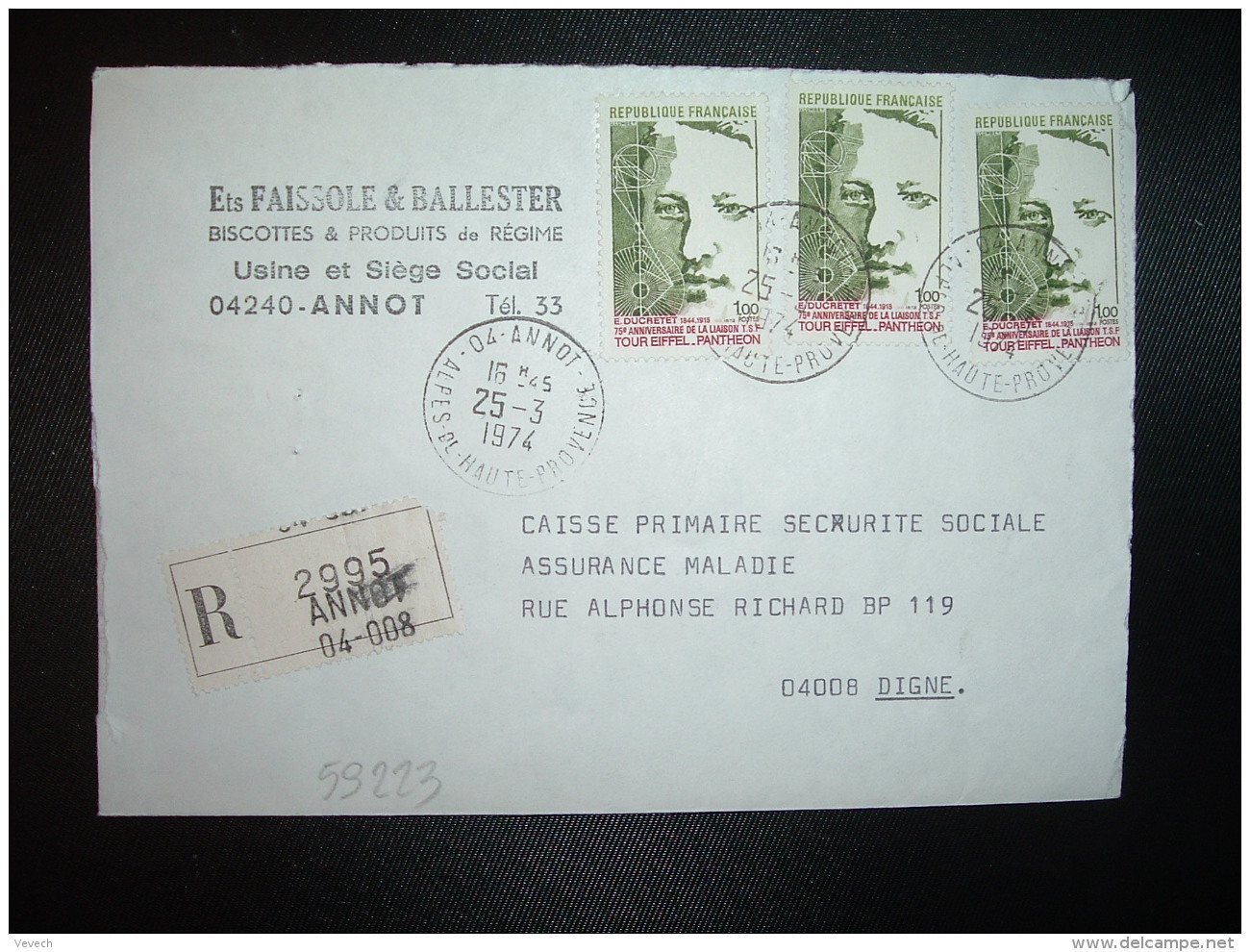 LR Pour CPAM TP DUCRETET TOUR EIFFEL PANTHEON 1,00 X3 OBL.25-3-1974 ANNOT (04 ALPES DE HAUTE PROVENCE) - Postal Rates