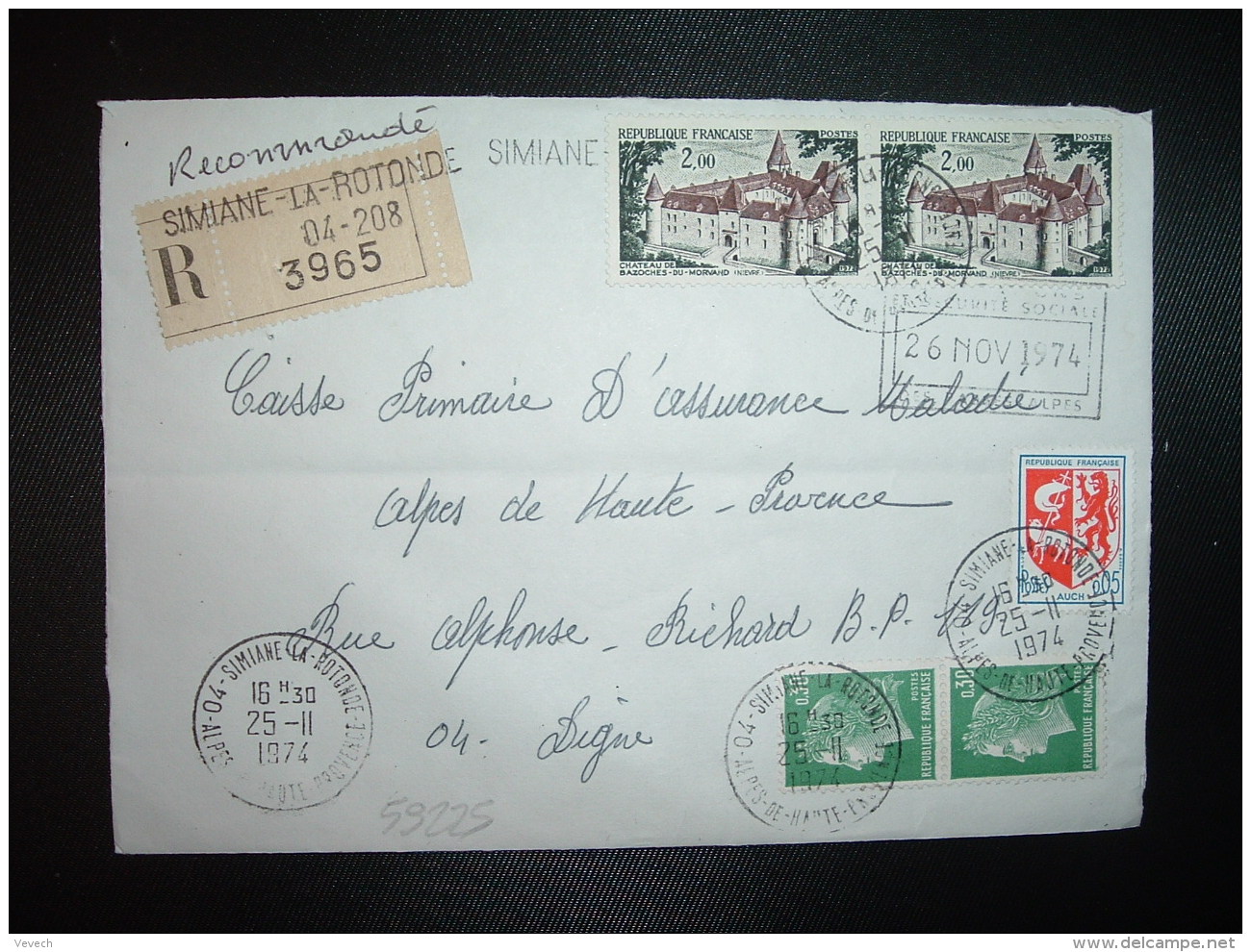 LR Pour CPAM TP BAZOCHES 2,00 X2 . DE CHEFFER 0,30 X2 + AUCH 0,05 OBL.25-11-1974 SIMIANE LA ROTONDE (04) - Postal Rates