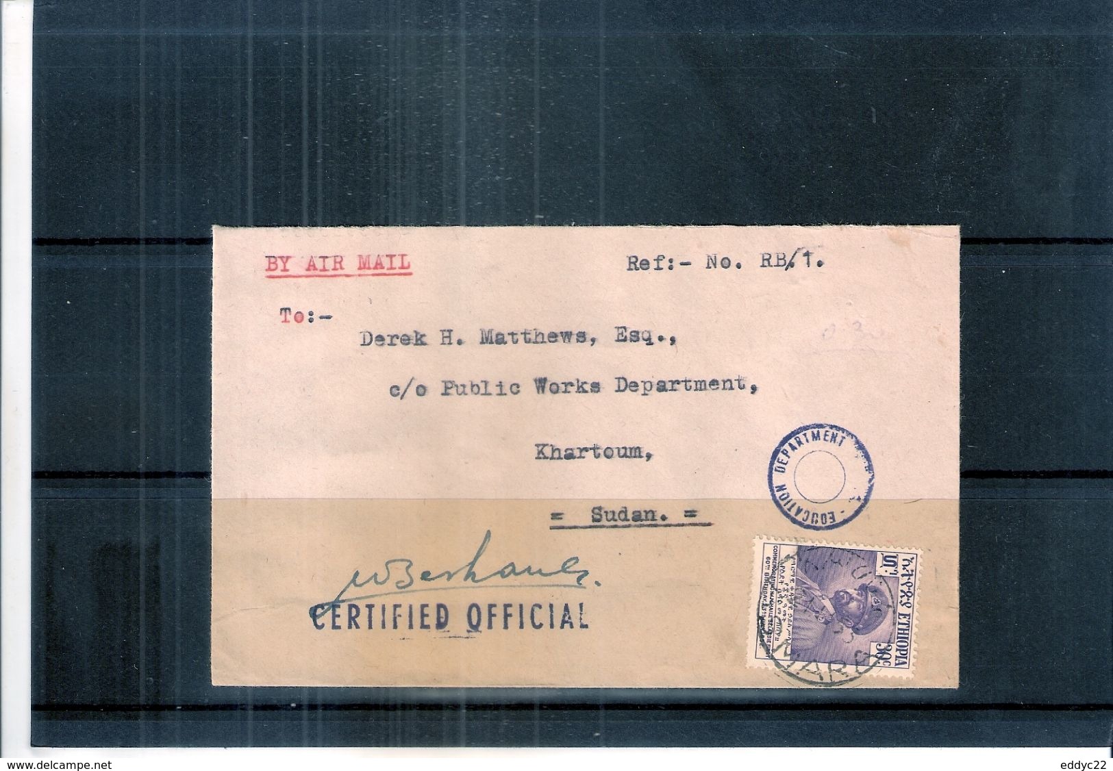 Cover Certified Official From Eritrea To Sudan - 1953 (to See) - Erythrée