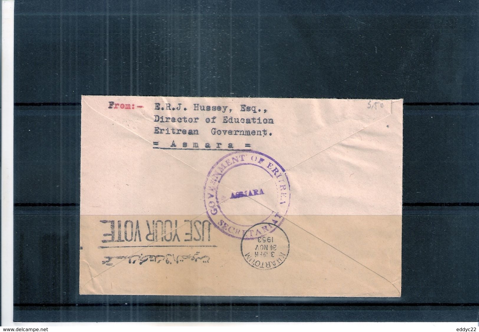 Cover Certified Official From Eritrea To Sudan - 1953 (to See) - Erythrée