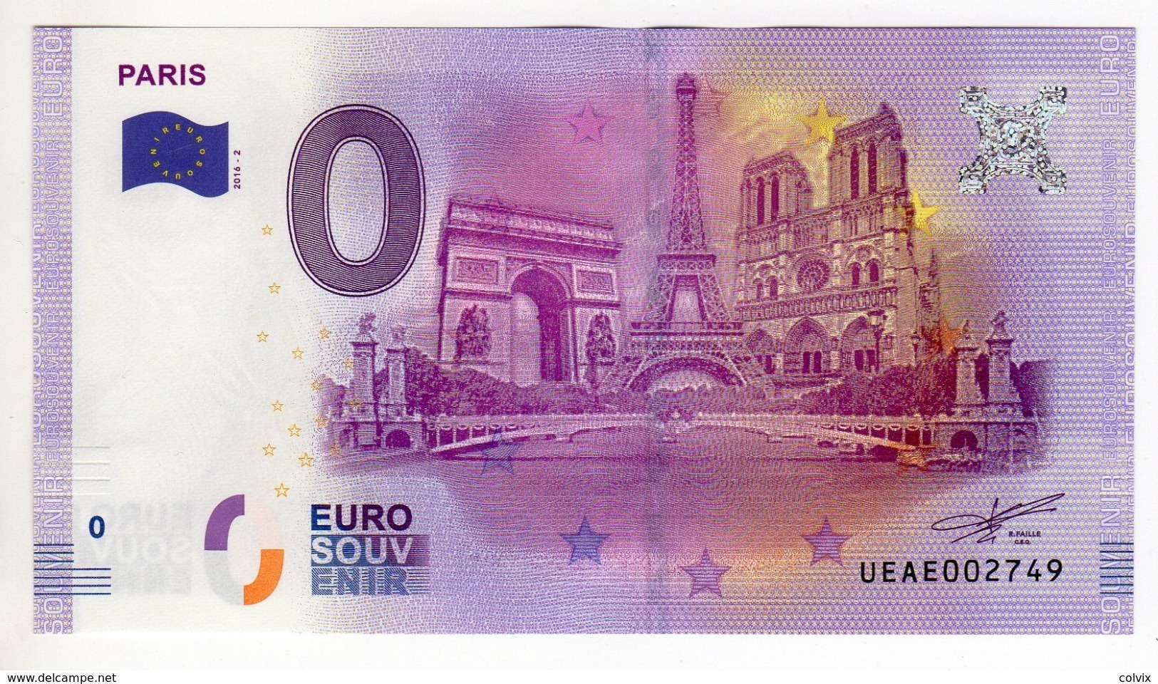 2016-2 BILLET TOURISTIQUE 0 EURO SOUVENIR  N° UEAE003947 PARIS - Private Proofs / Unofficial