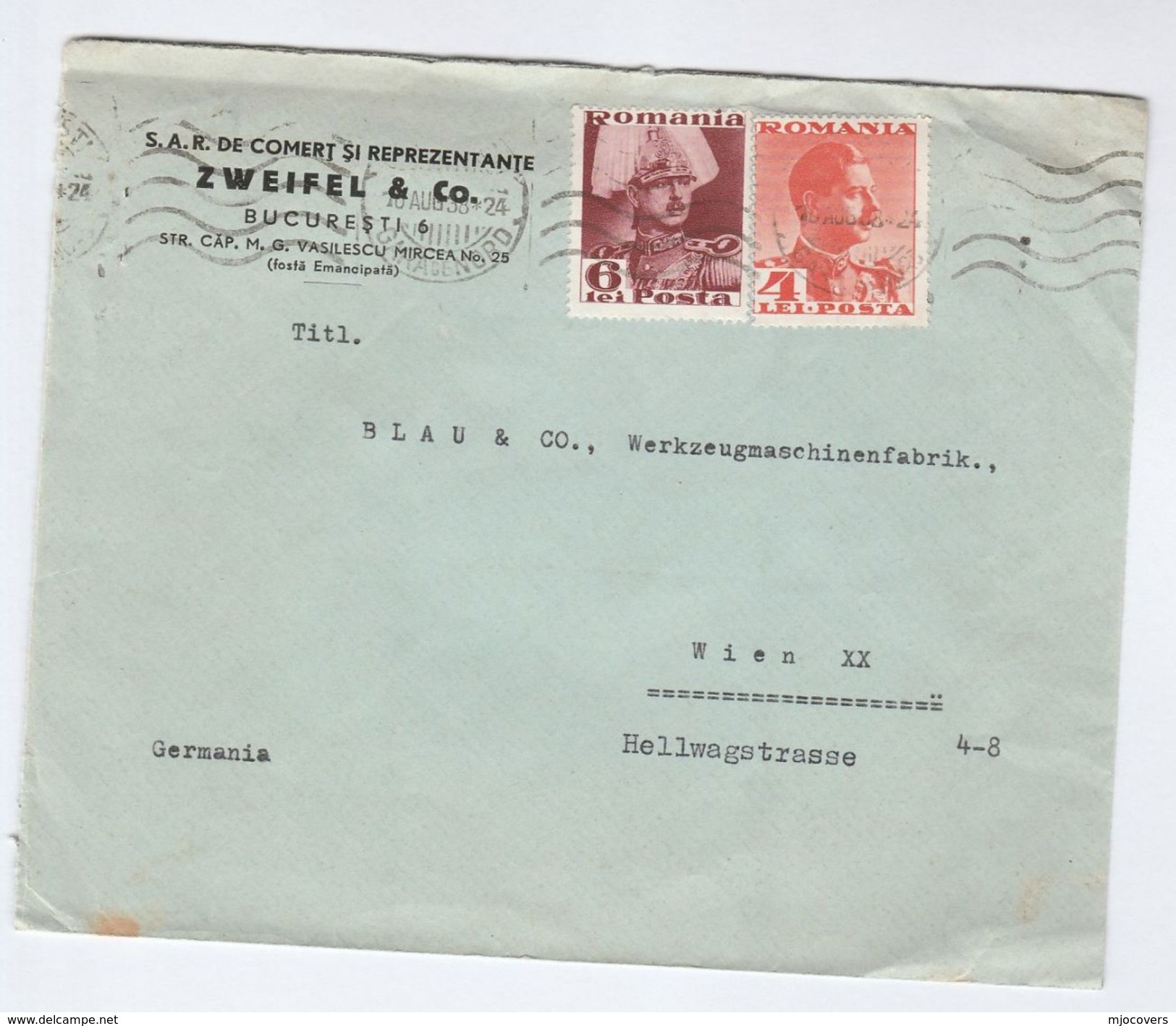 1938 ROMANIA Stamps COVER Zweifel Co Bucurest To Vienna Austria Germany - Covers & Documents