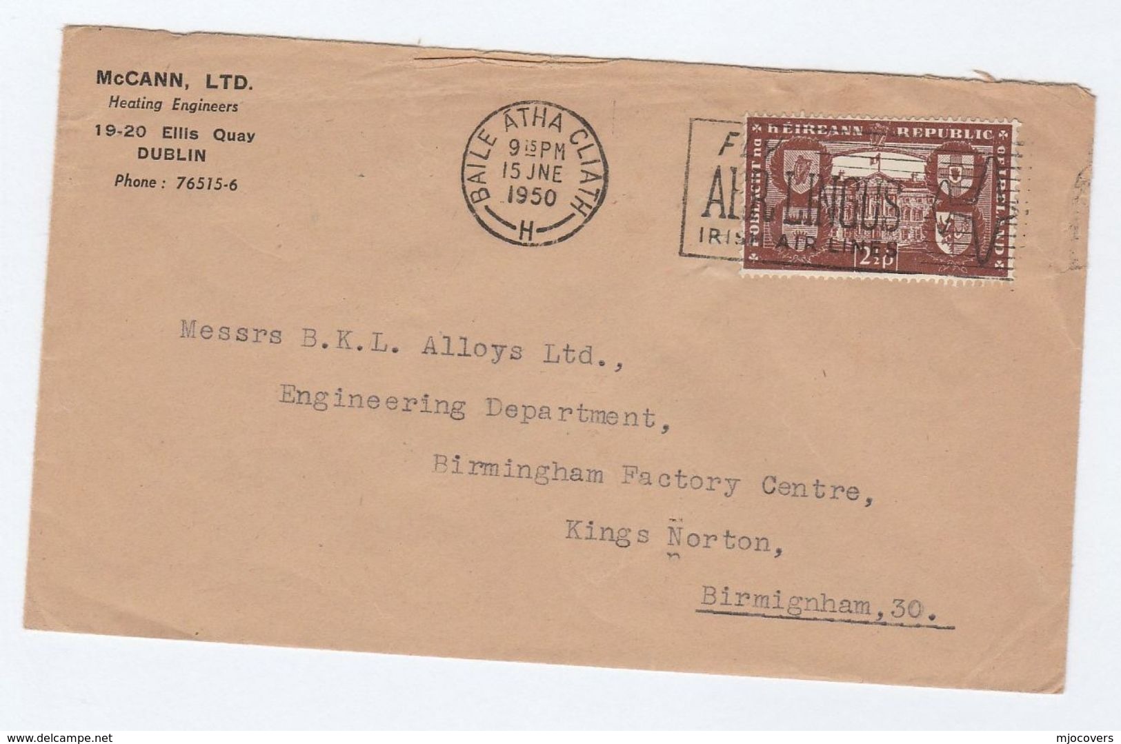 1950 IRELAND COVER SLOGAN Pmk FLY AER LINGUS IRISH AIR LINES From McCann Ltd Dublin To GB Stamps Aviation - Covers & Documents