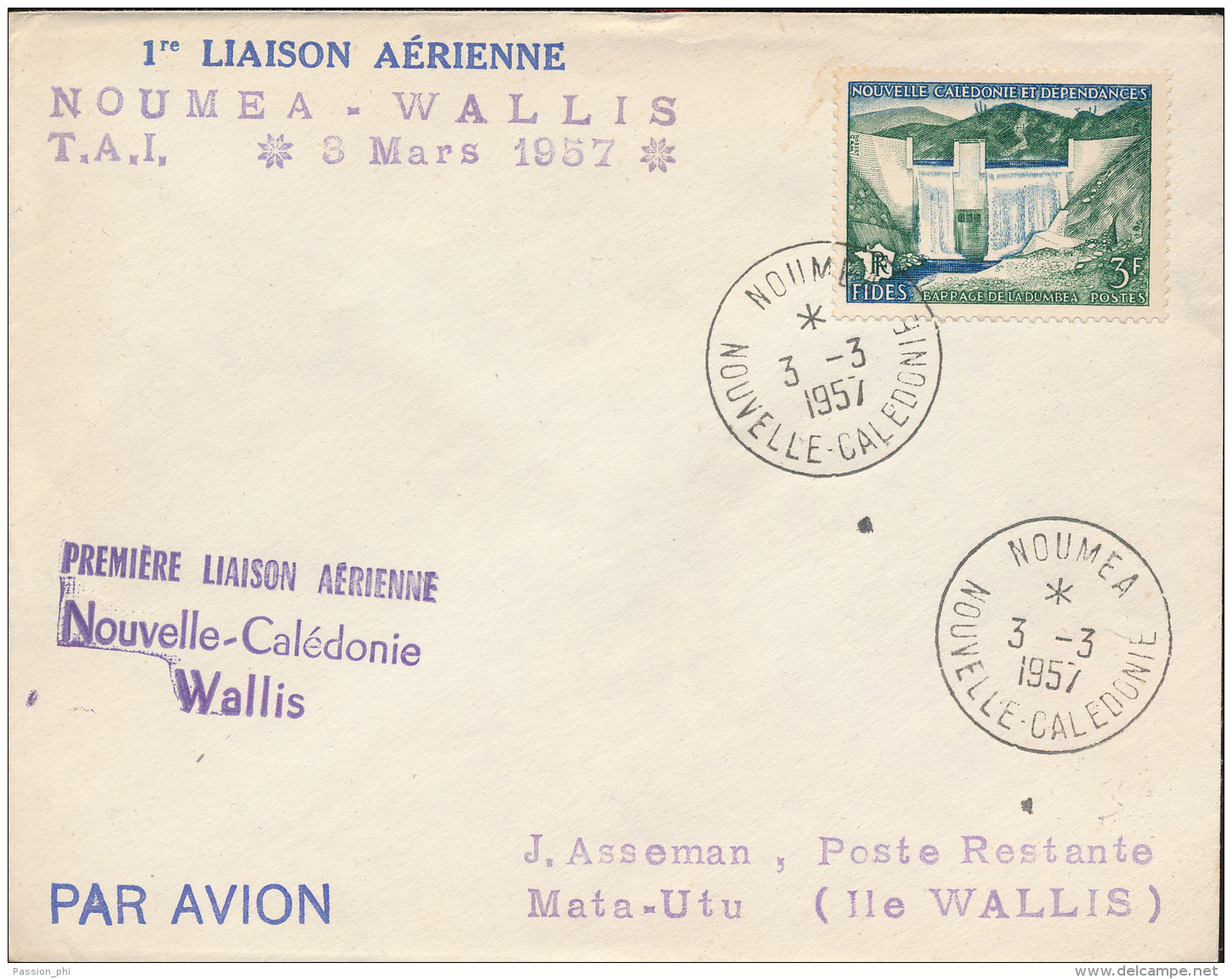NOUVELLE CALEDONIE PREMIER VOL NOUMEA WALLIS 03.03.1957 - Covers & Documents