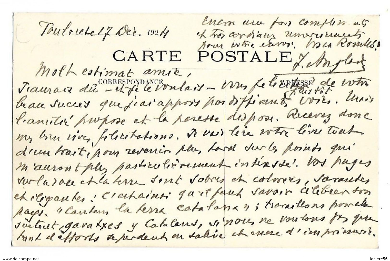 FELIBRIGE J ANGLADE (photo, Ecriture Et Signature) à Jean Amade CPA 1924 - Europe