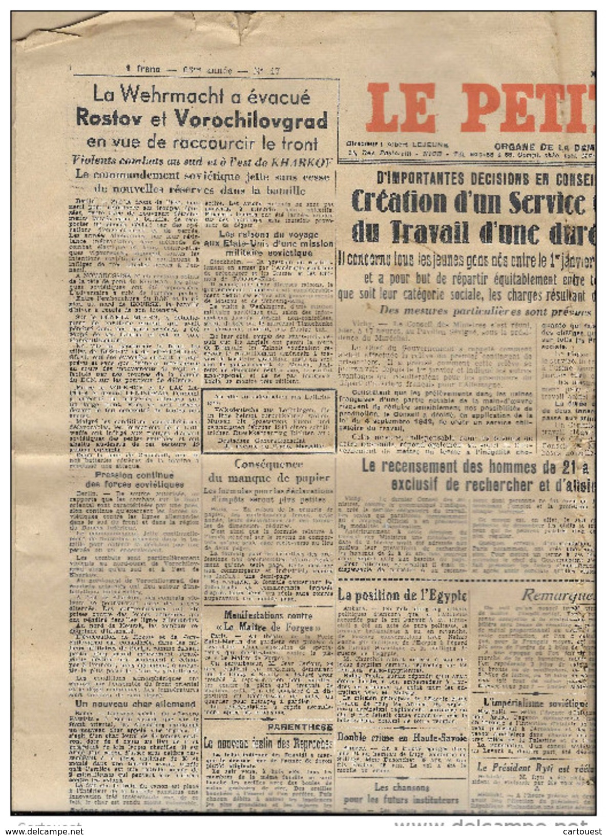 JOURNAL Le Petit Niçois Du 19 Février 1943 - Autres & Non Classés