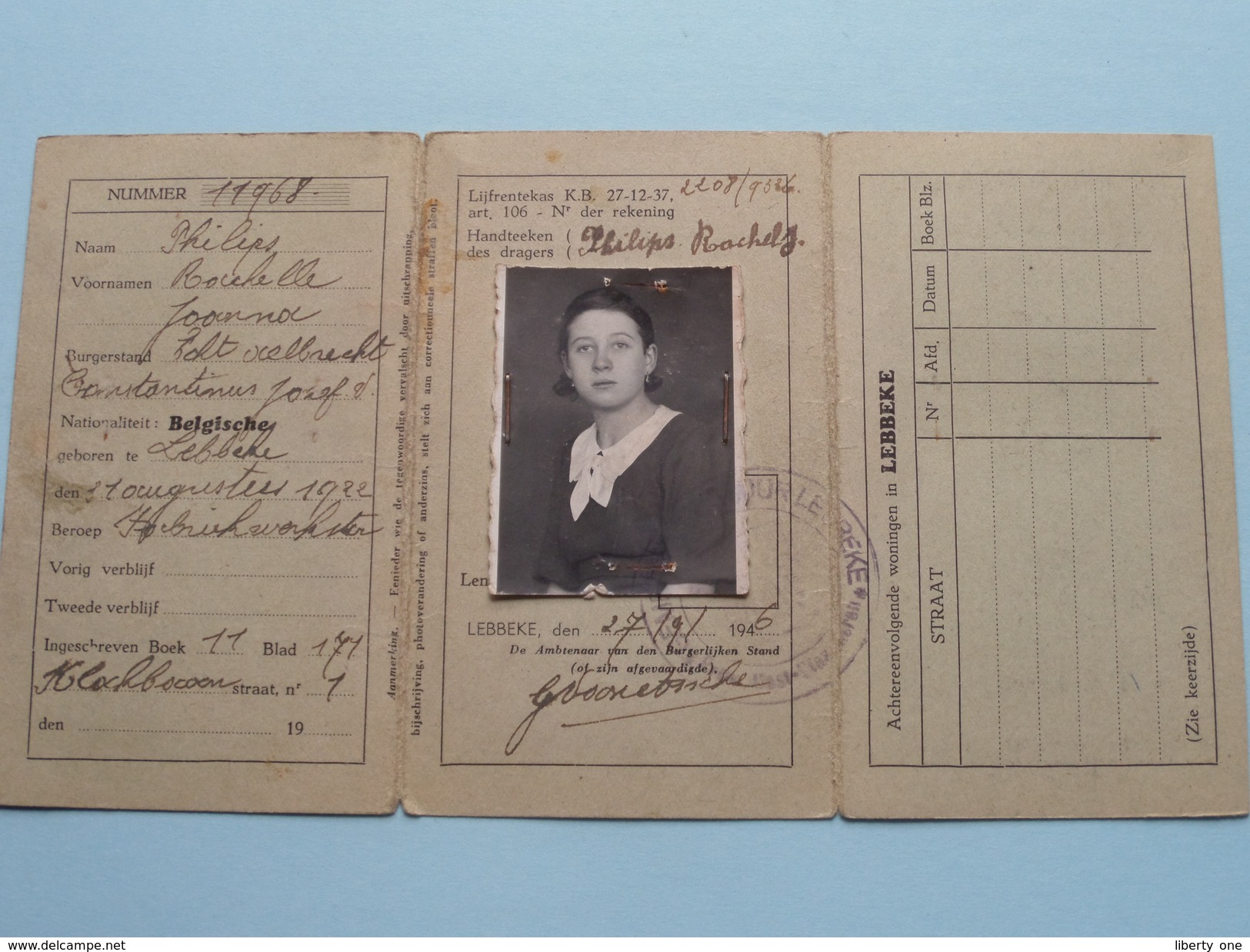 LEBBEKE (1946) Identiteitskaart Koninkrijk België Carte Identité De La Belgique ( Philips 3 Aug 1922 / Zie Foto´s ) ! - Unclassified