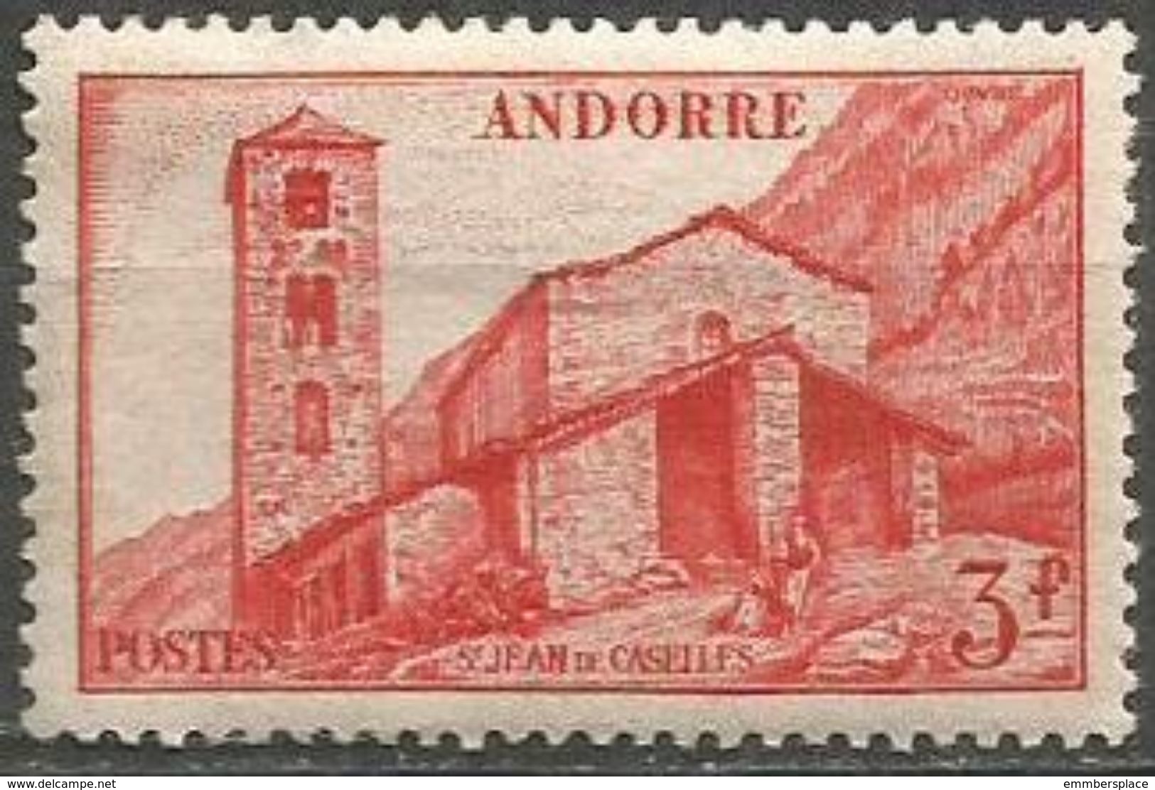 Andorra - 1951 Church Of St John Of Caselles 3f MLH *     SG F112  Sc 115 - Unused Stamps