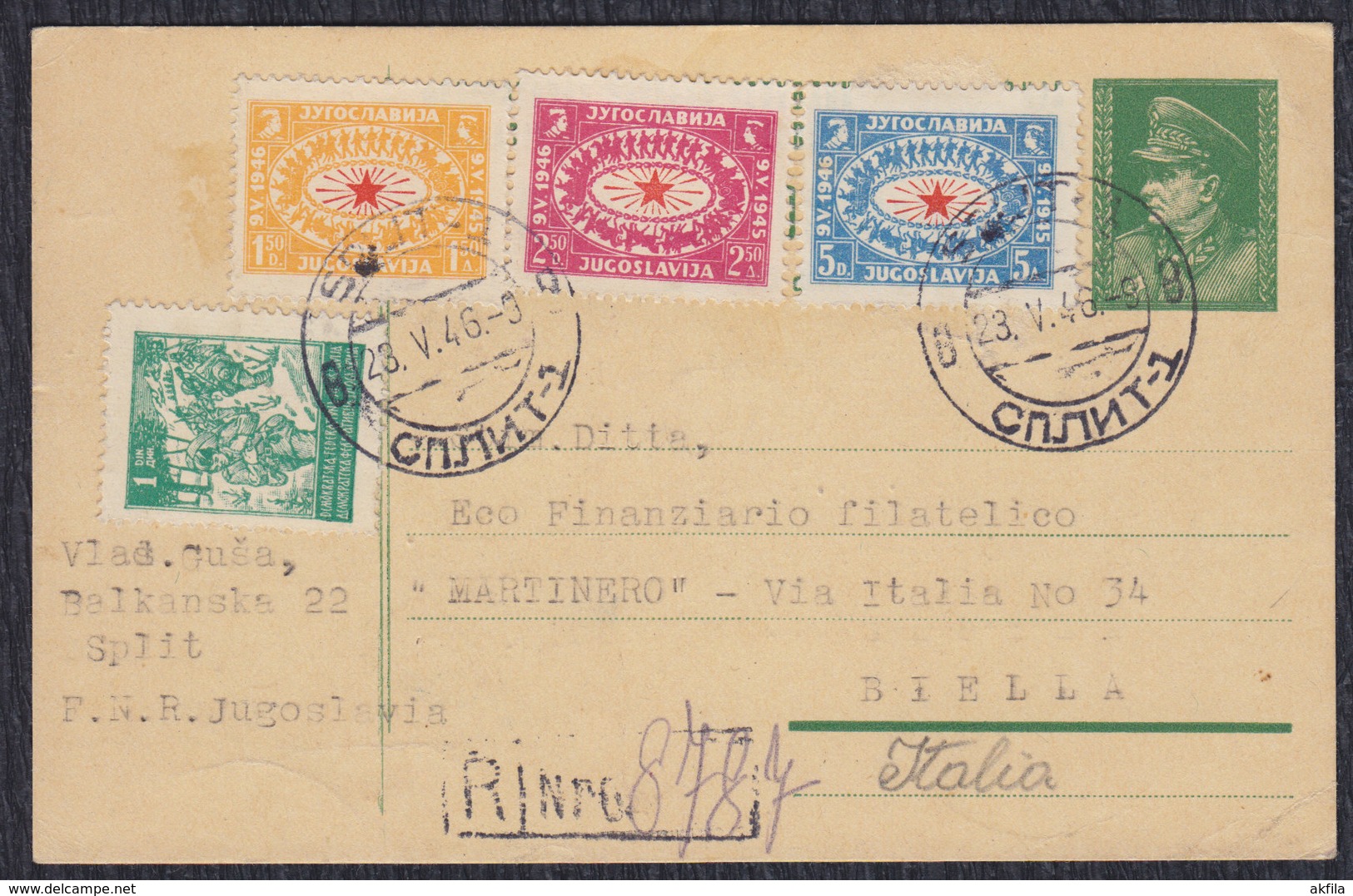 Yugoslavia Croatia 1946 Victory Day, Recommended Postal Stationery Sent To Italy - Covers & Documents