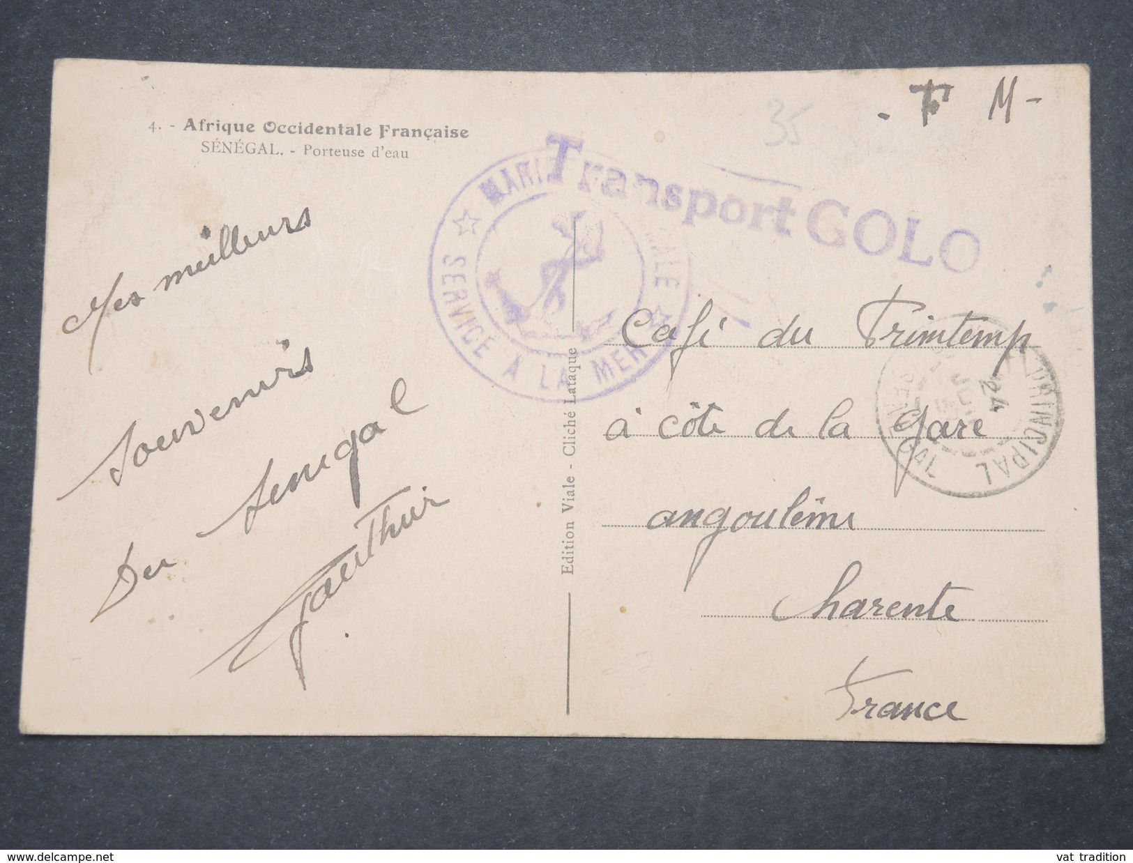 FRANCE - Griffe " Transport GOLO " + Cachet Ancre De Marine Sur Carte Postale En FM - L 9836 - Poste Navale