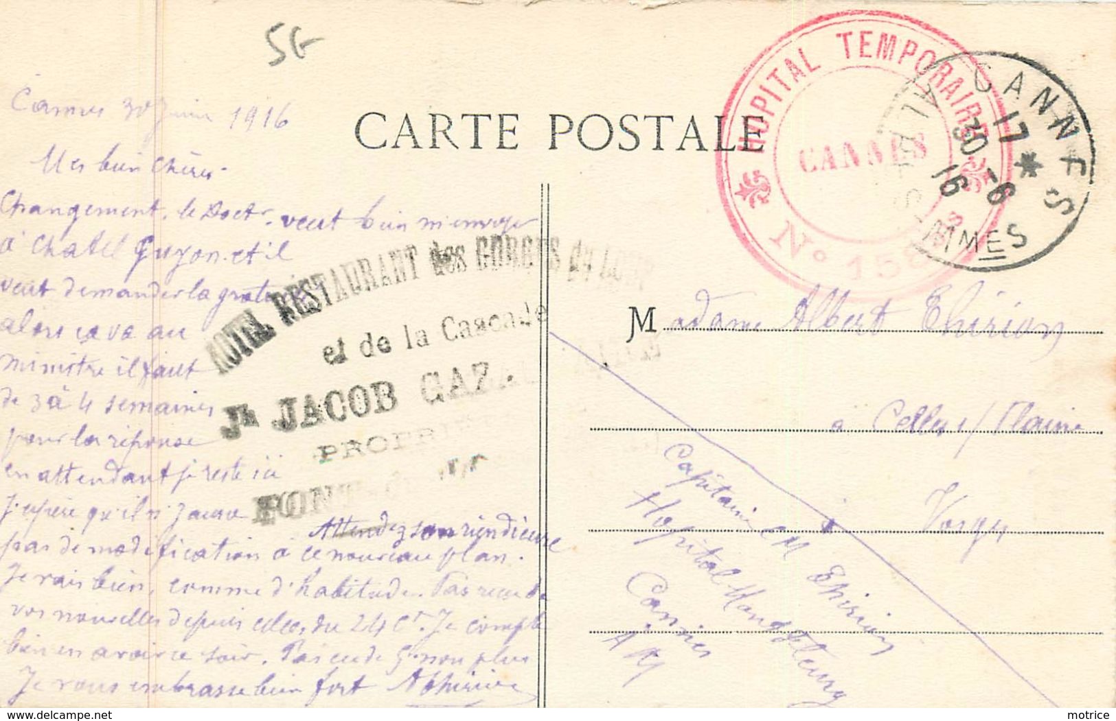 CACHET HÔPITAL TEMPORAIRE 158bis Cannes En 1916. - Guerre De 1914-18