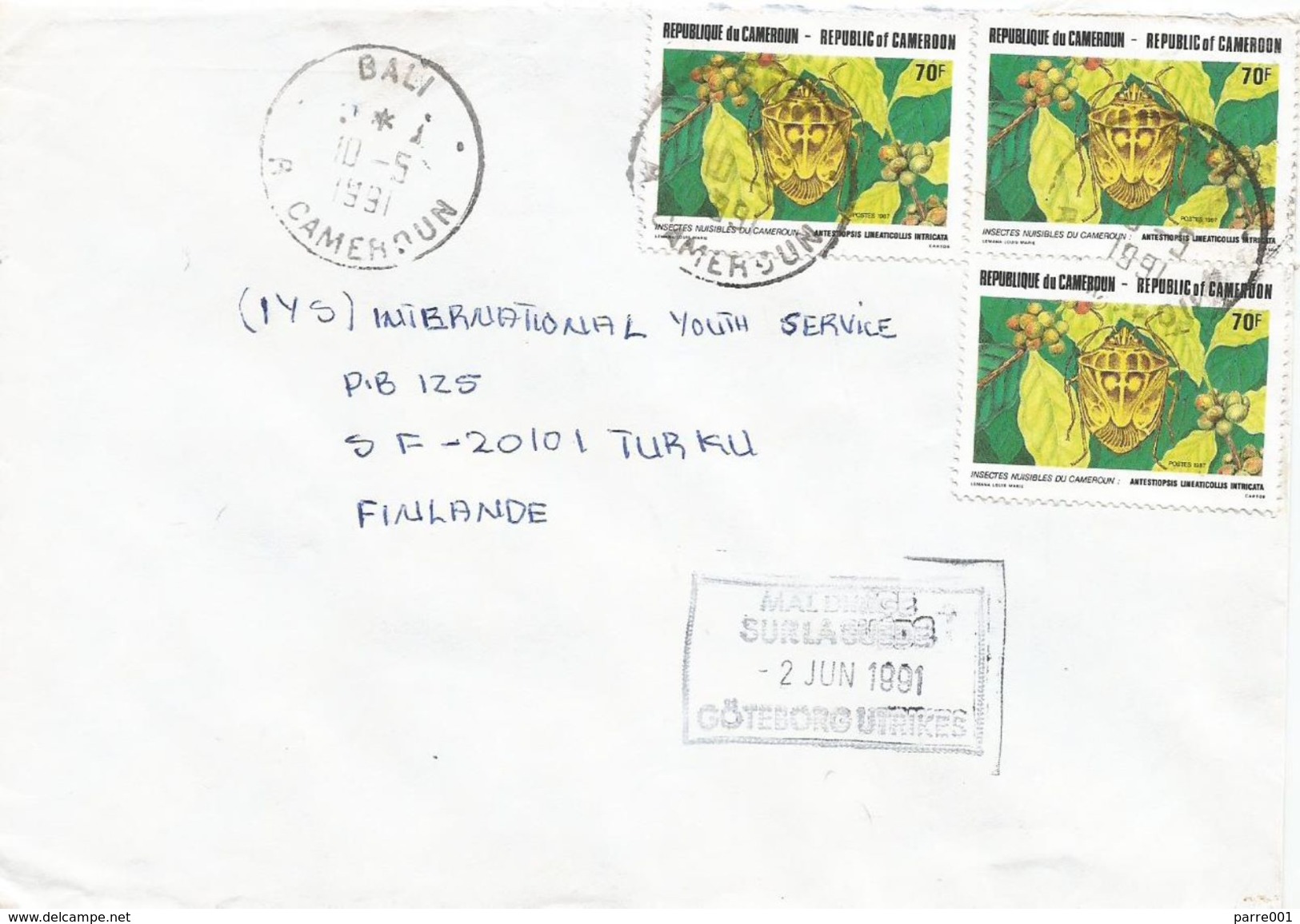 Cameroun Cameroon 1991 Bali Coffee Bug Antestiopsis Lineaticollis Insect Sweden Redirecting Handstamp Cover - Lettres & Documents