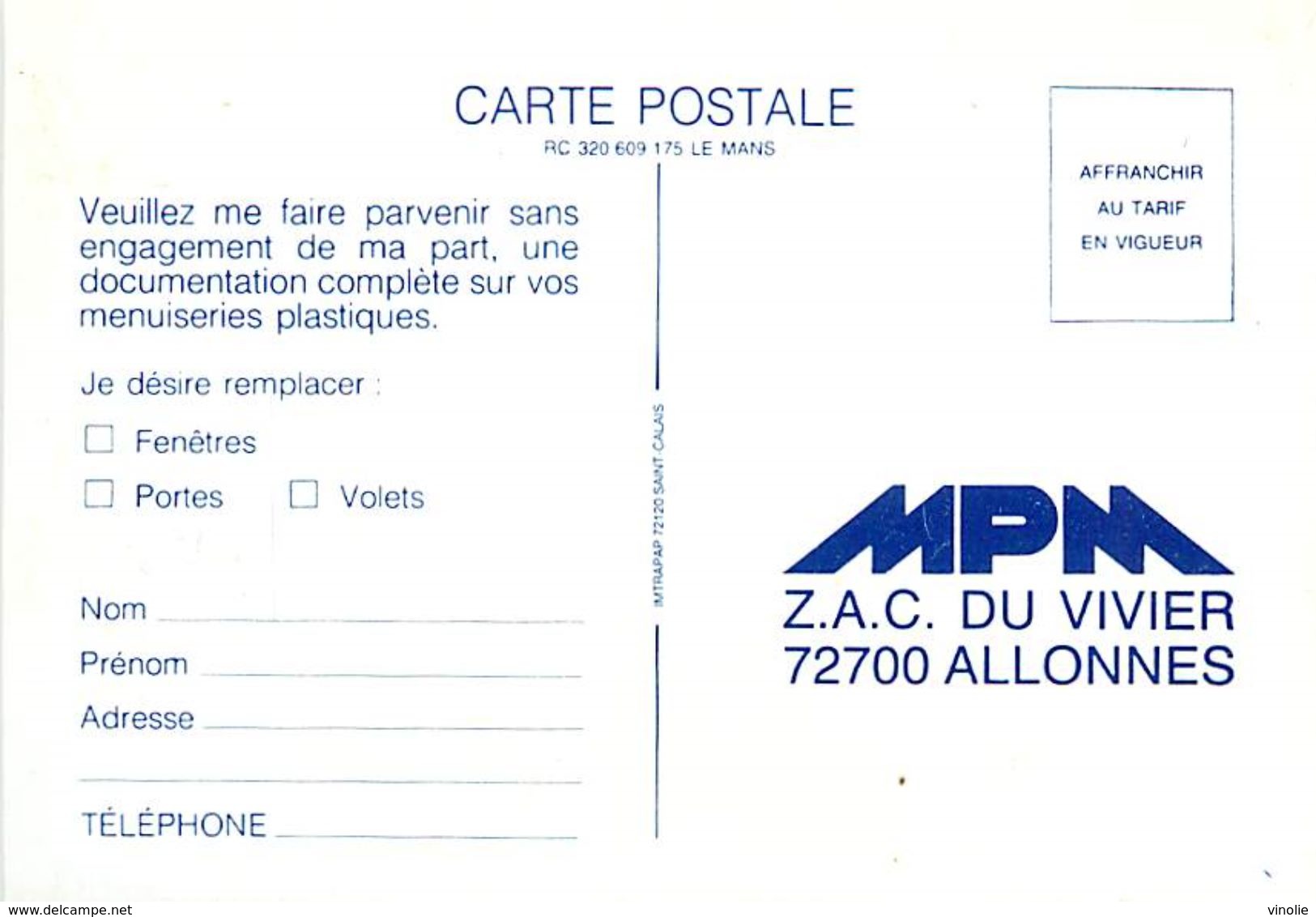 PIE 17-T-6566  :  CARTE PUBLICITAIRE  MENUISERIES PLASTIQUES DU MAINE. ZAC DU VIVIER ALLONNES - Allonnes