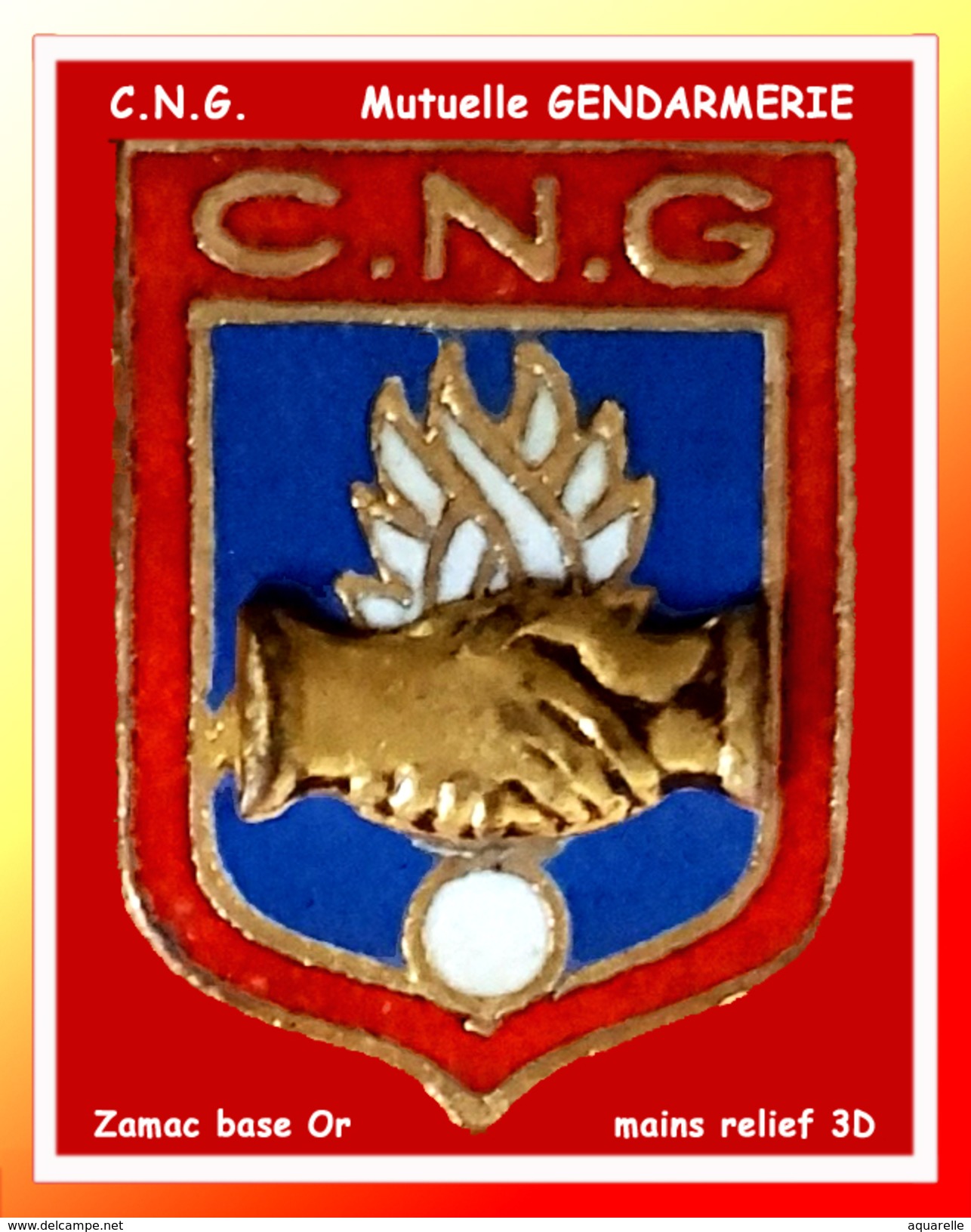 SUPER PIN´S GENDARMERIE : C.N.G. Mutuelle, CAISSE NATIONALE De La GENDARMERIE En Zamac Base Or, Mains 3D - Militaria