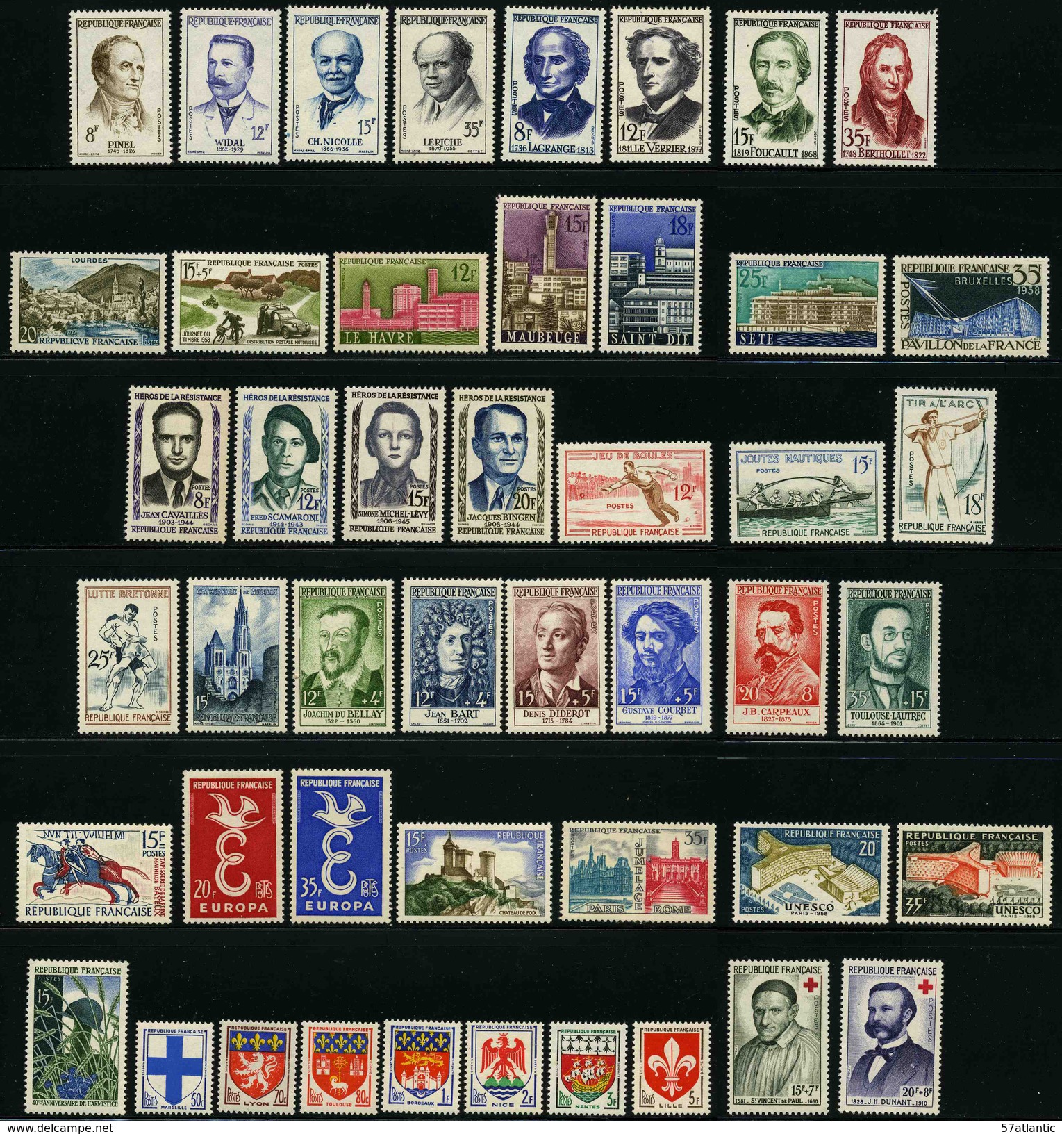 FRANCE - ANNEE COMPLETE 1958 - YT 1142 à 1188 ** - 47 TIMBRES NEUFS ** - 1950-1959