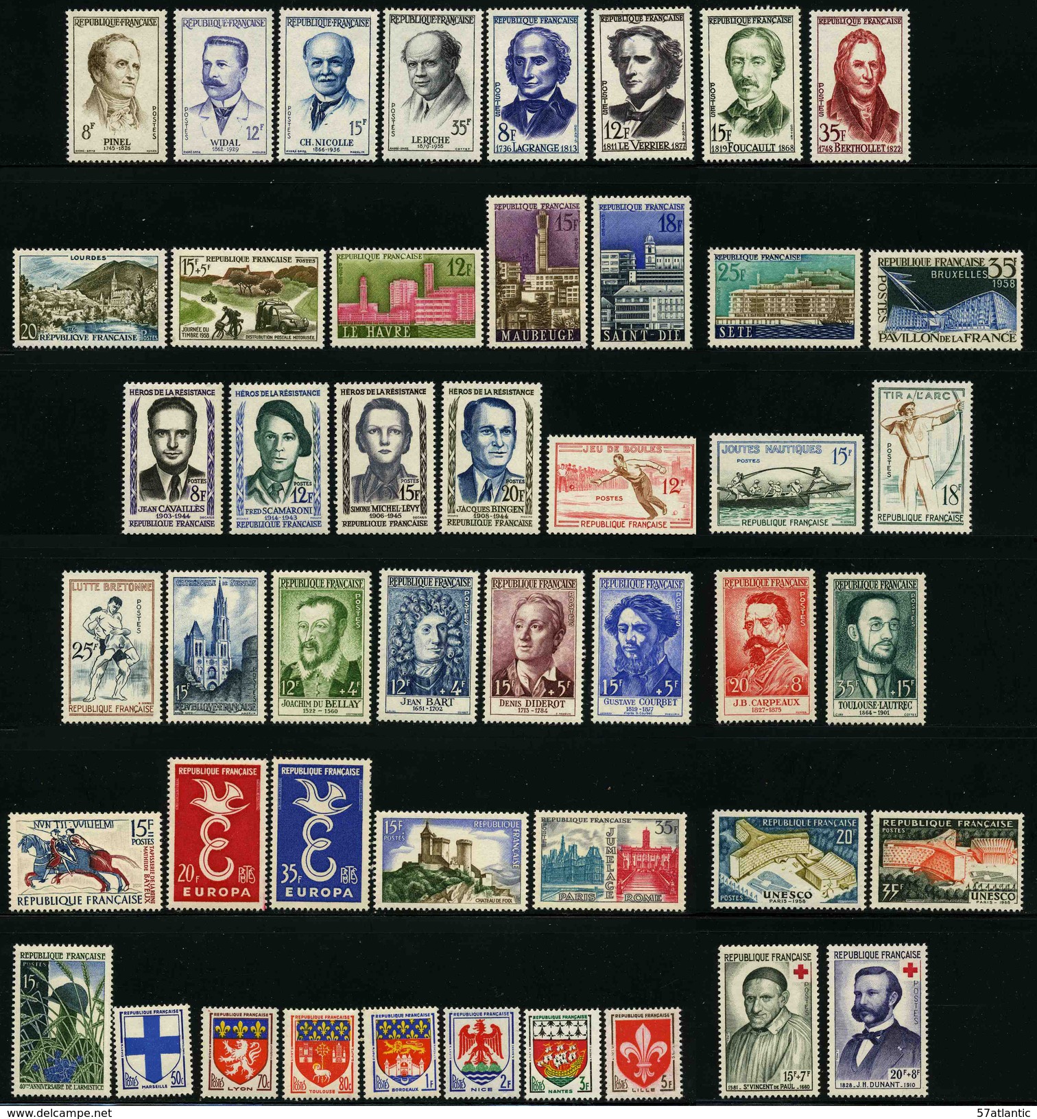 FRANCE - ANNEE COMPLETE 1958 - YT 1142 à 1188 ** - 47 TIMBRES NEUFS ** - 1950-1959
