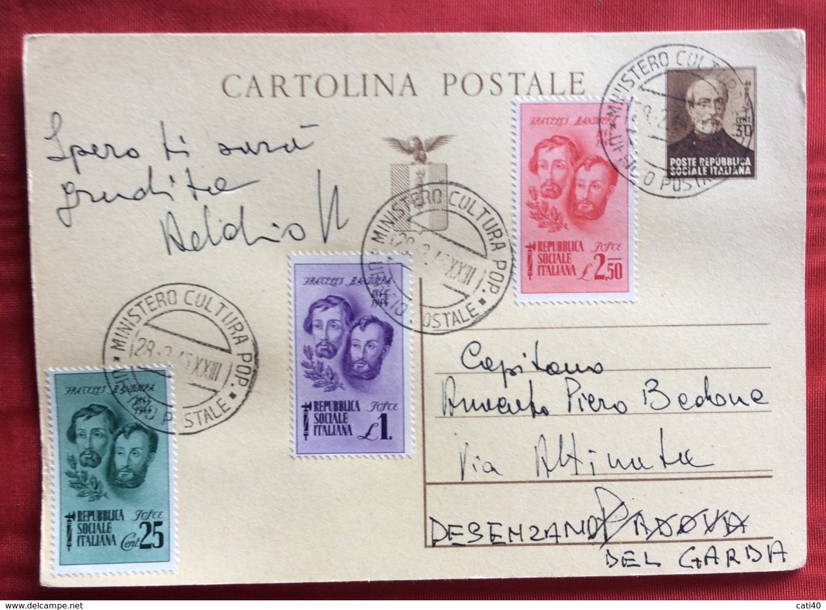 INTERO POSTALE  MAZZINI 30 C.+ F.LLI BANDIERA  ANNULLO R.S.I. " MINISTERO CULTURA POP. UFFICIO POSTALE" DEL  28/2/45 - Interi Postali